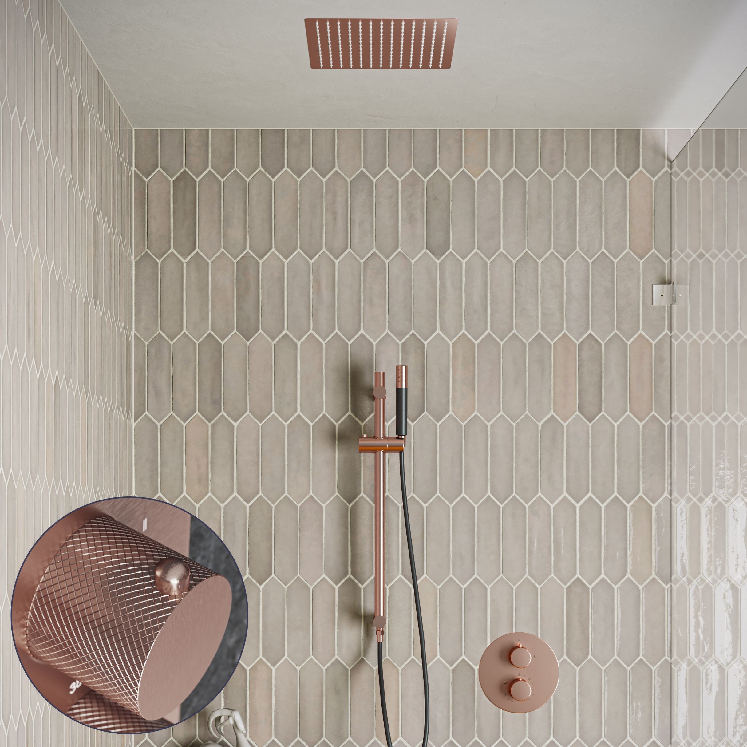 Saniclear Cube Curved Pro inbouw regendouche rond met inbouw douchekop 30x30cm, glijstang en staafhanddouche geborsteld koper