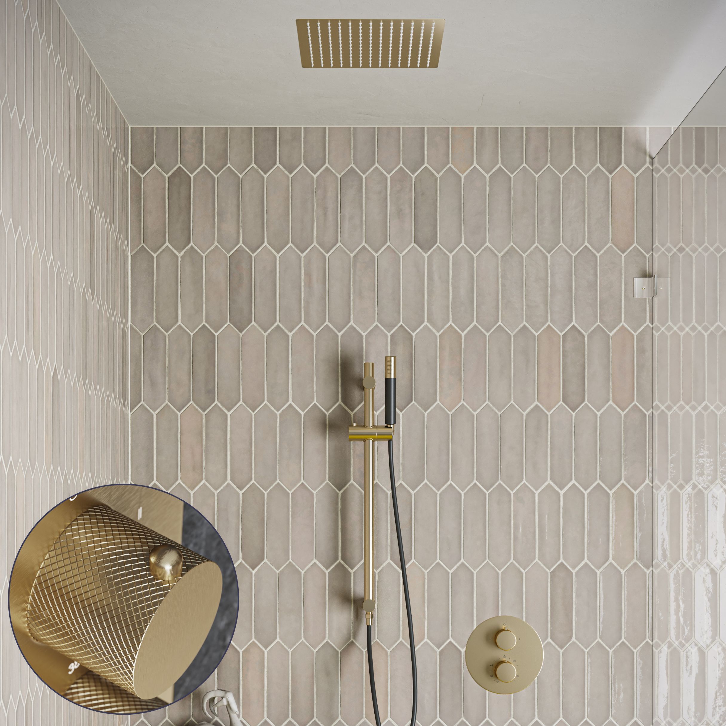 Saniclear Cube Curved Pro inbouw regendouche rond met inbouw douchekop 30x30cm, glijstang en staafhanddouche geborsteld messing - mat goud