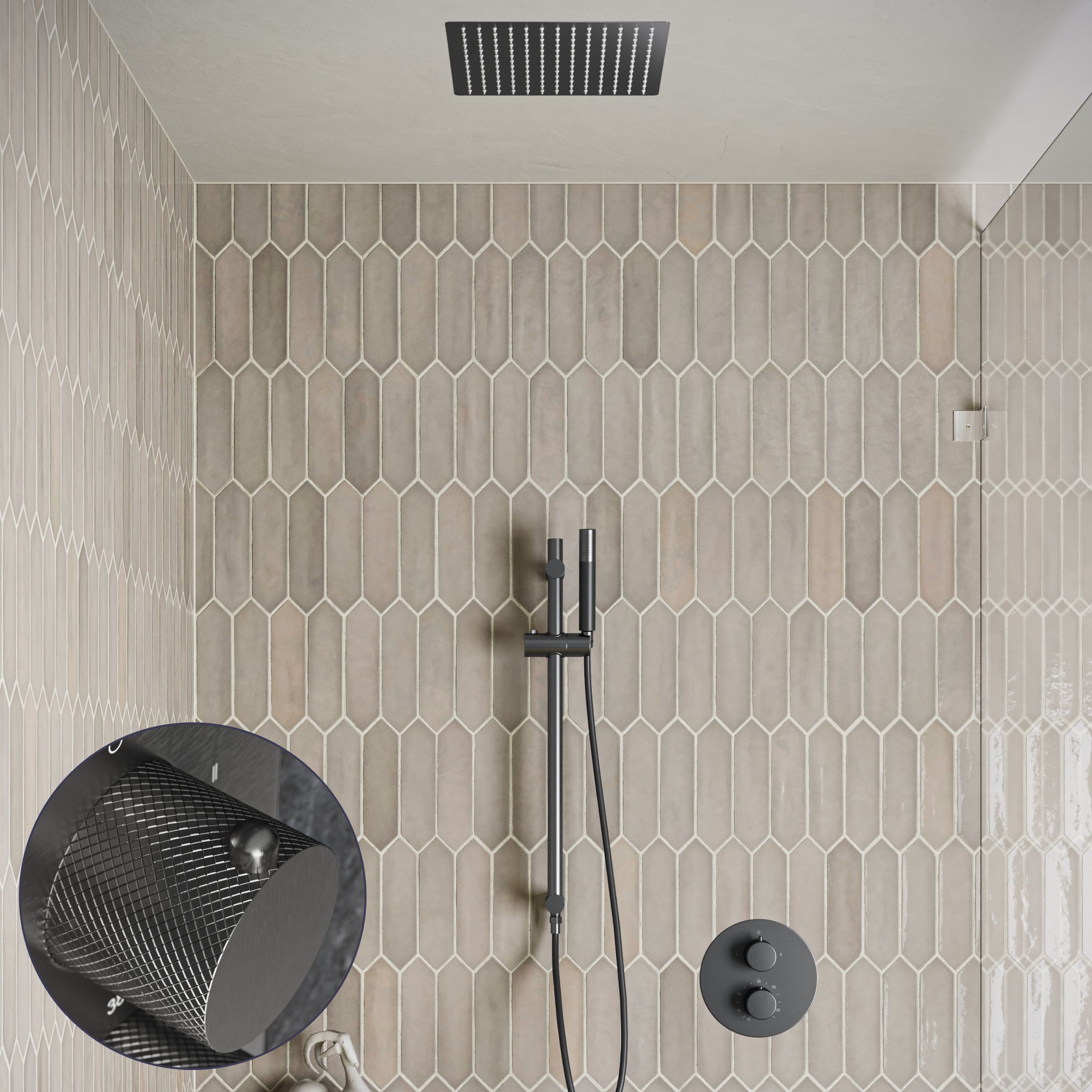 Saniclear Cube Curved Pro inbouw regendouche rond met inbouw douchekop 30x30cm, glijstang en staafhanddouche verouderd ijzer - gunmetal