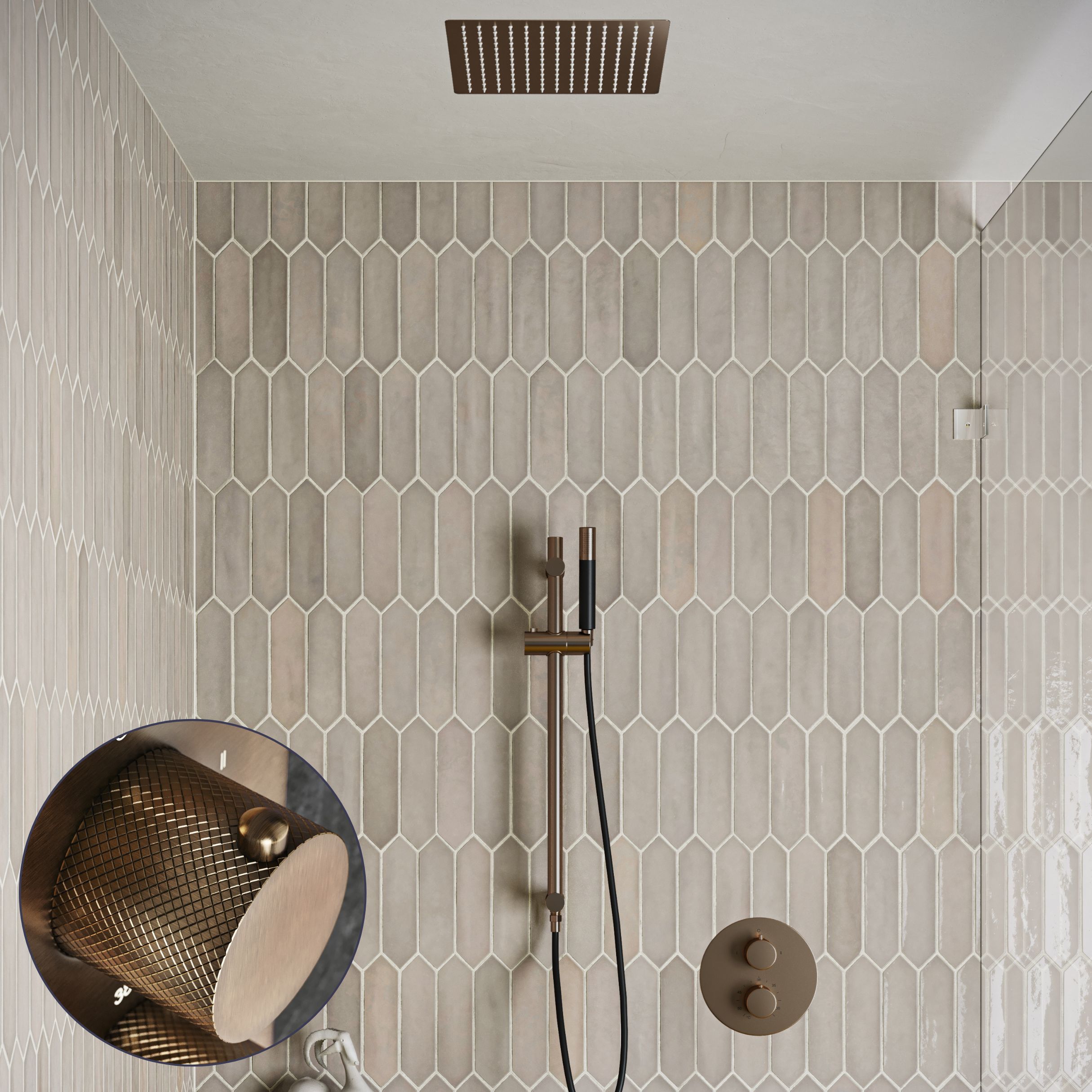 Saniclear Cube Curved Pro inbouw regendouche rond met inbouw douchekop 30x30cm, glijstang en staafhanddouche verouderd messing