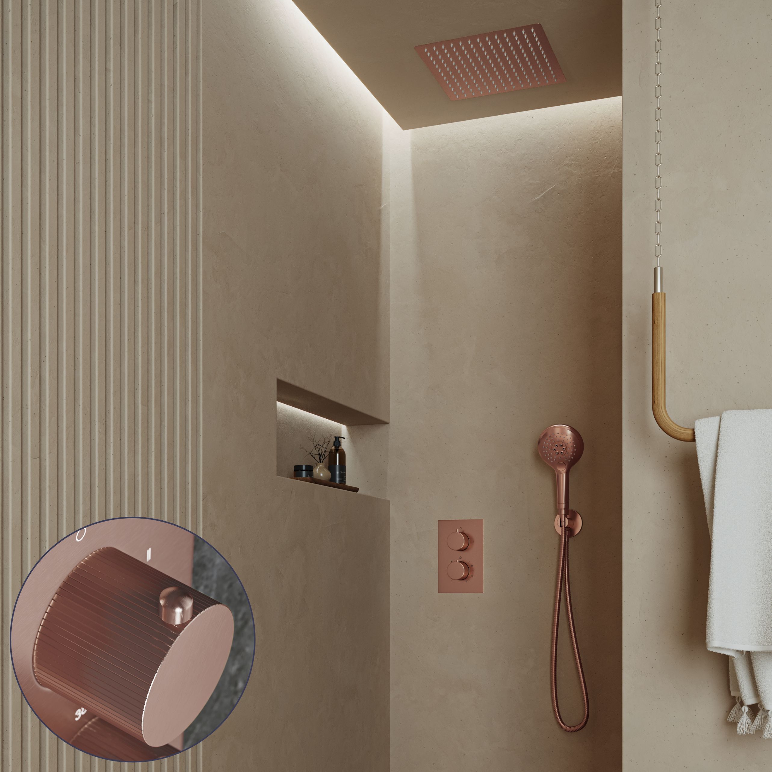Saniclear Cube Stripes inbouw regendouche met inbouw douchekop 30x30cm en 2 standen handdouche geborsteld koper