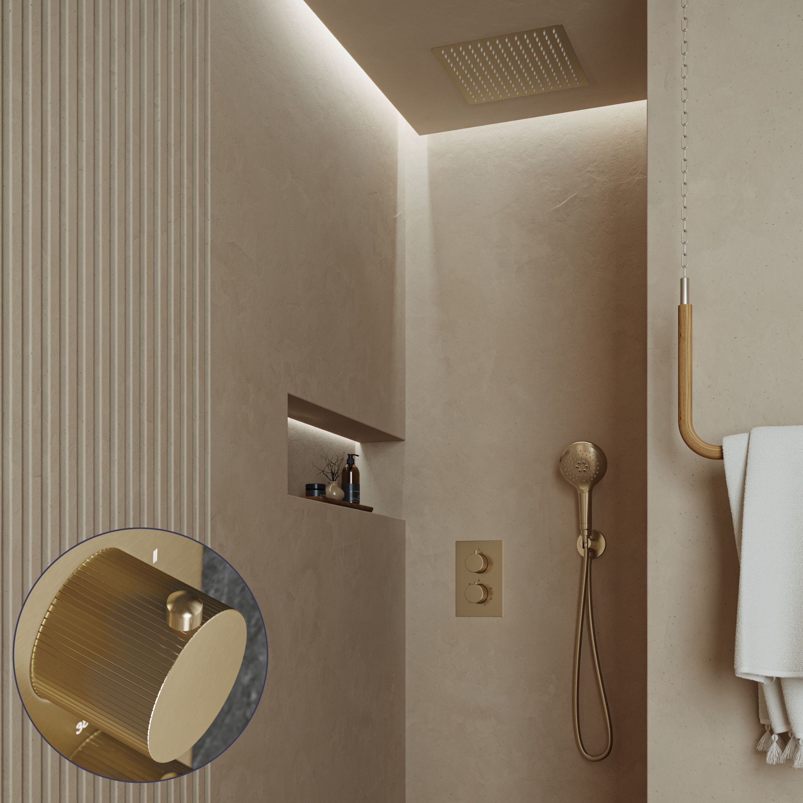 Saniclear Cube Stripes inbouw regendouche met inbouw douchekop 30x30cm en 2 standen handdouche geborsteld messing - mat goud