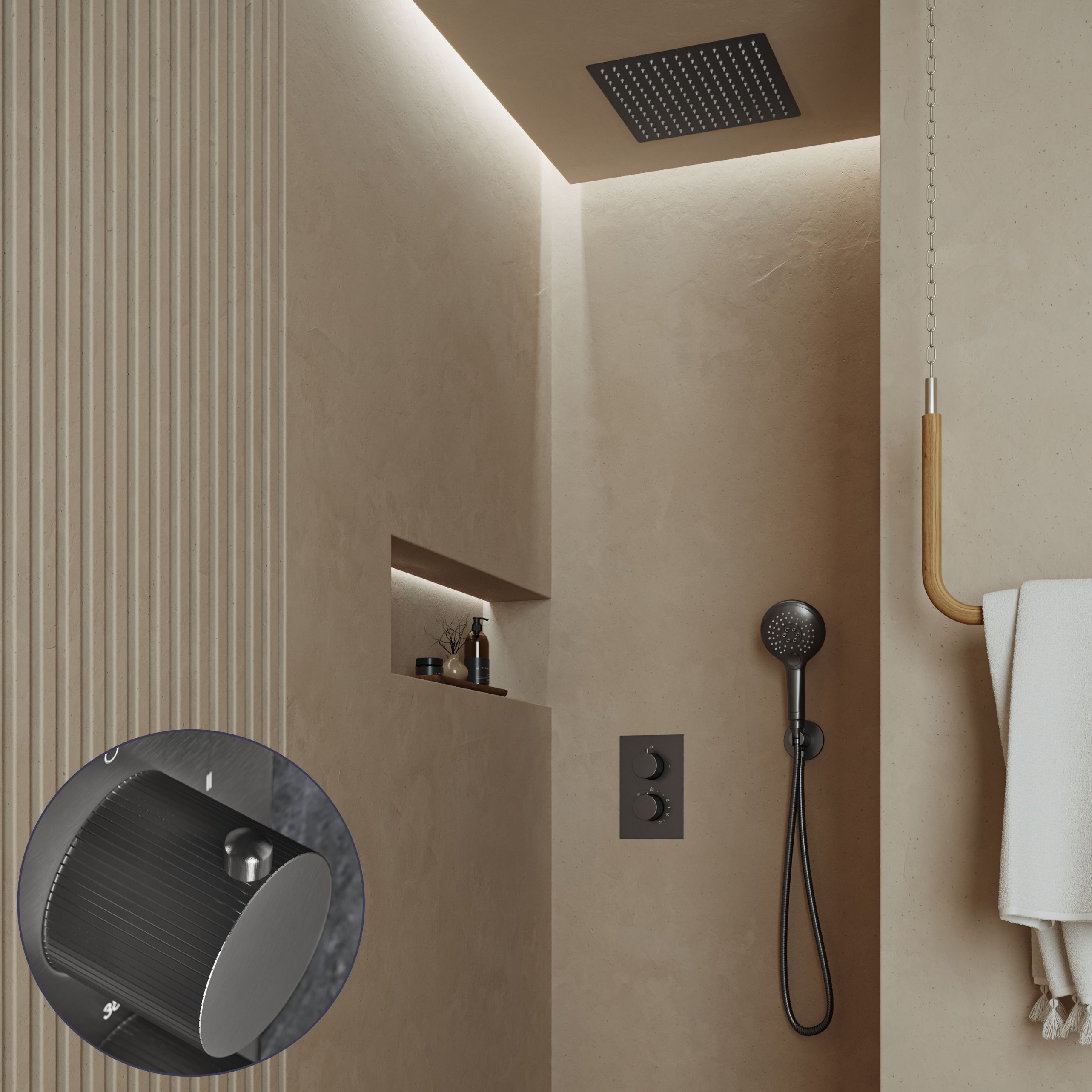 Saniclear Cube Stripes inbouw regendouche met inbouw douchekop 30x30cm en 2 standen handdouche verouderd ijzer - gunmetal