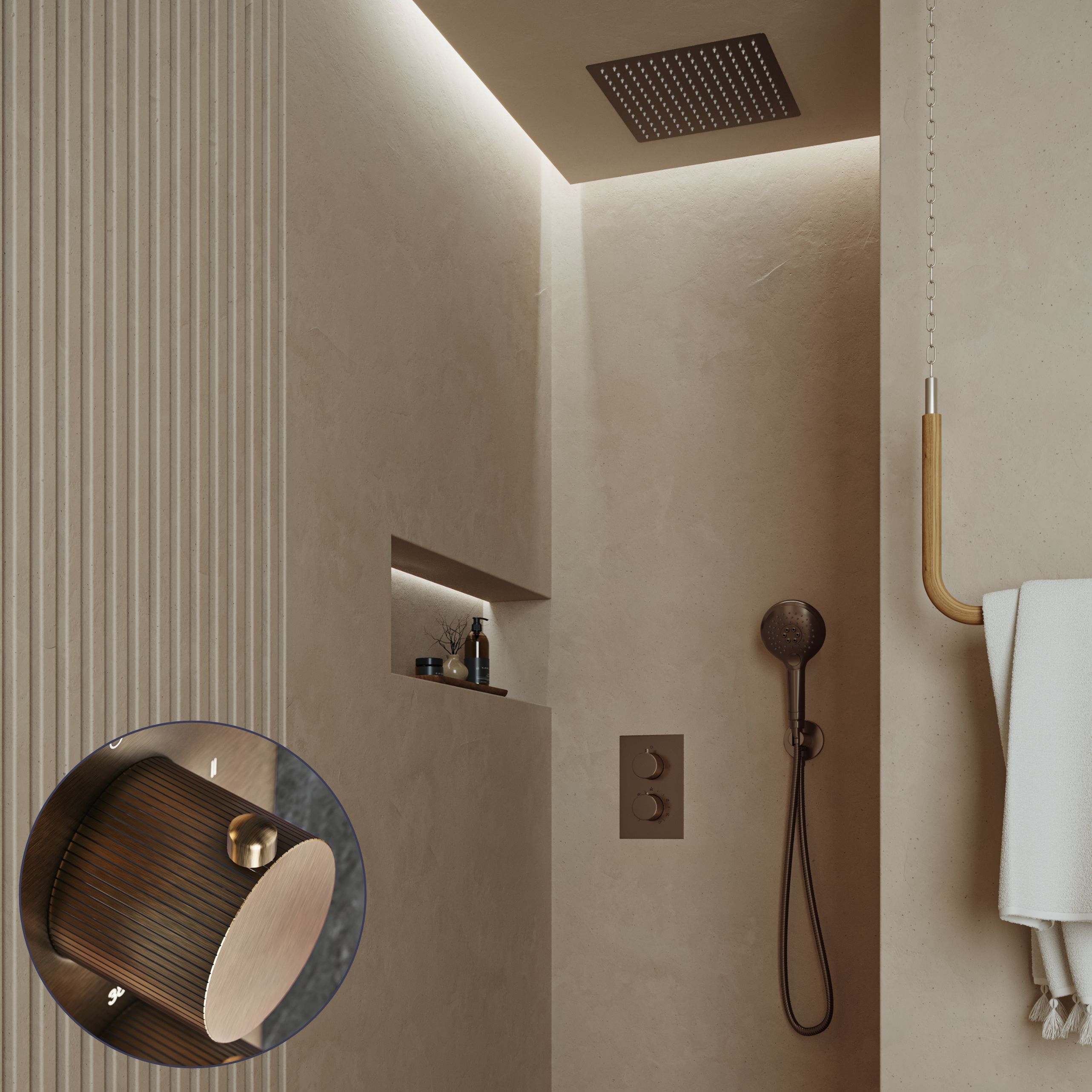 Saniclear Cube Stripes inbouw regendouche met inbouw douchekop 30x30cm en 2 standen handdouche verouderd messing