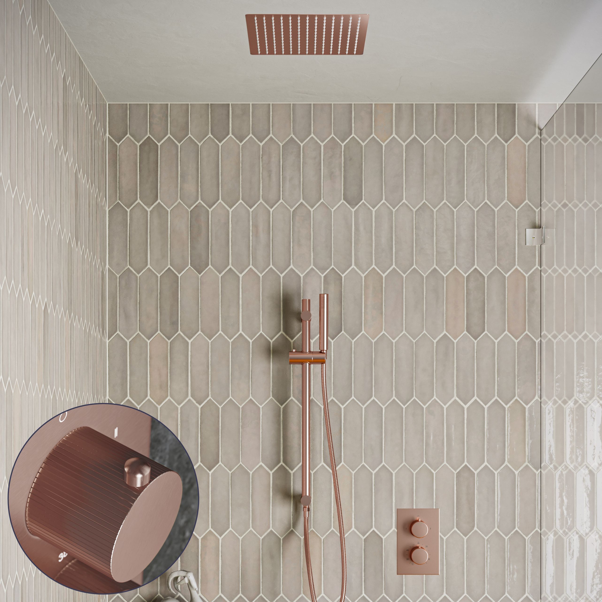Saniclear Cube Stripes inbouw regendouche met inbouw douchekop 30x30cm, glijstang en staafhanddouche geborsteld koper