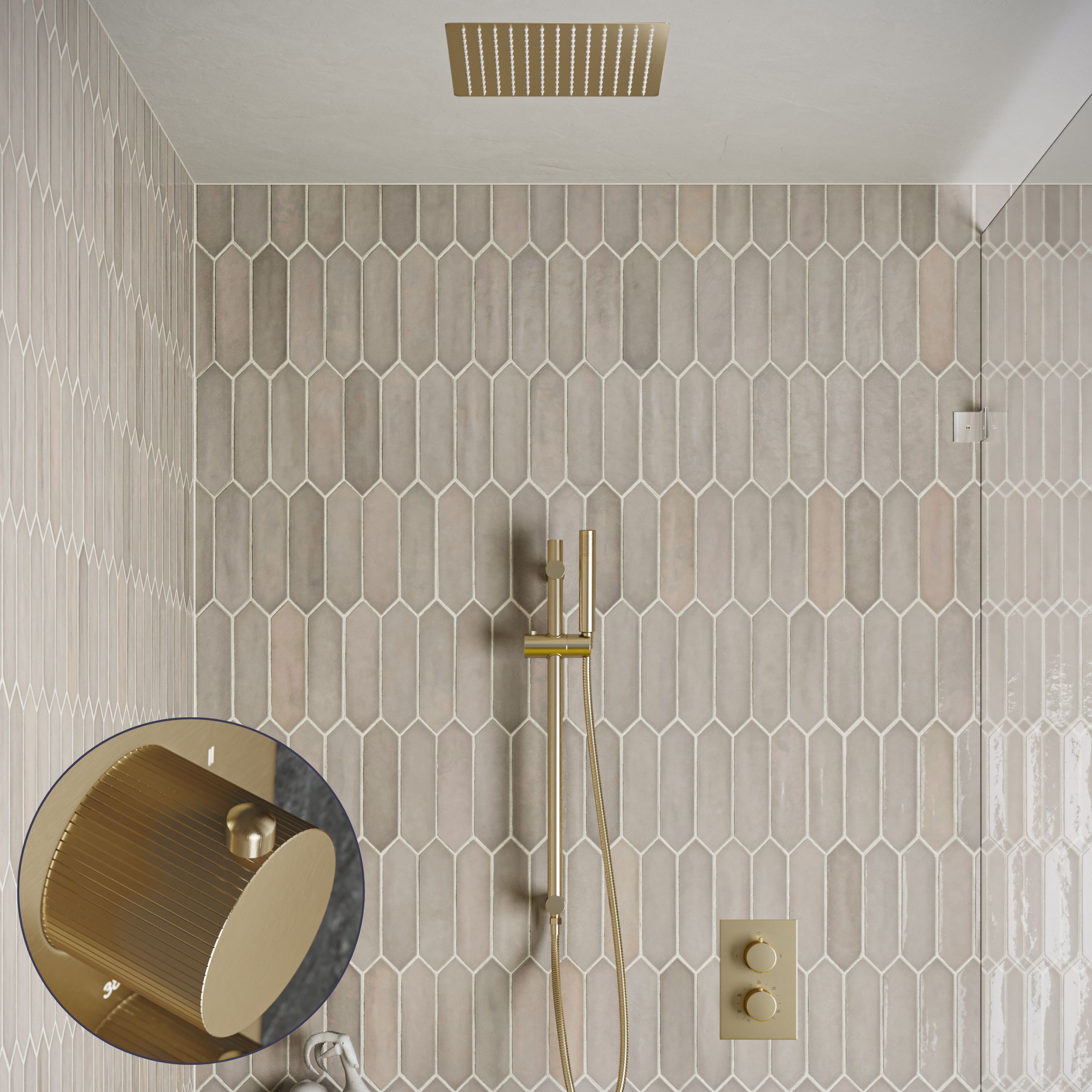 Saniclear Cube Stripes inbouw regendouche met inbouw douchekop 30x30cm, glijstang en staafhanddouche geborsteld messing - mat goud