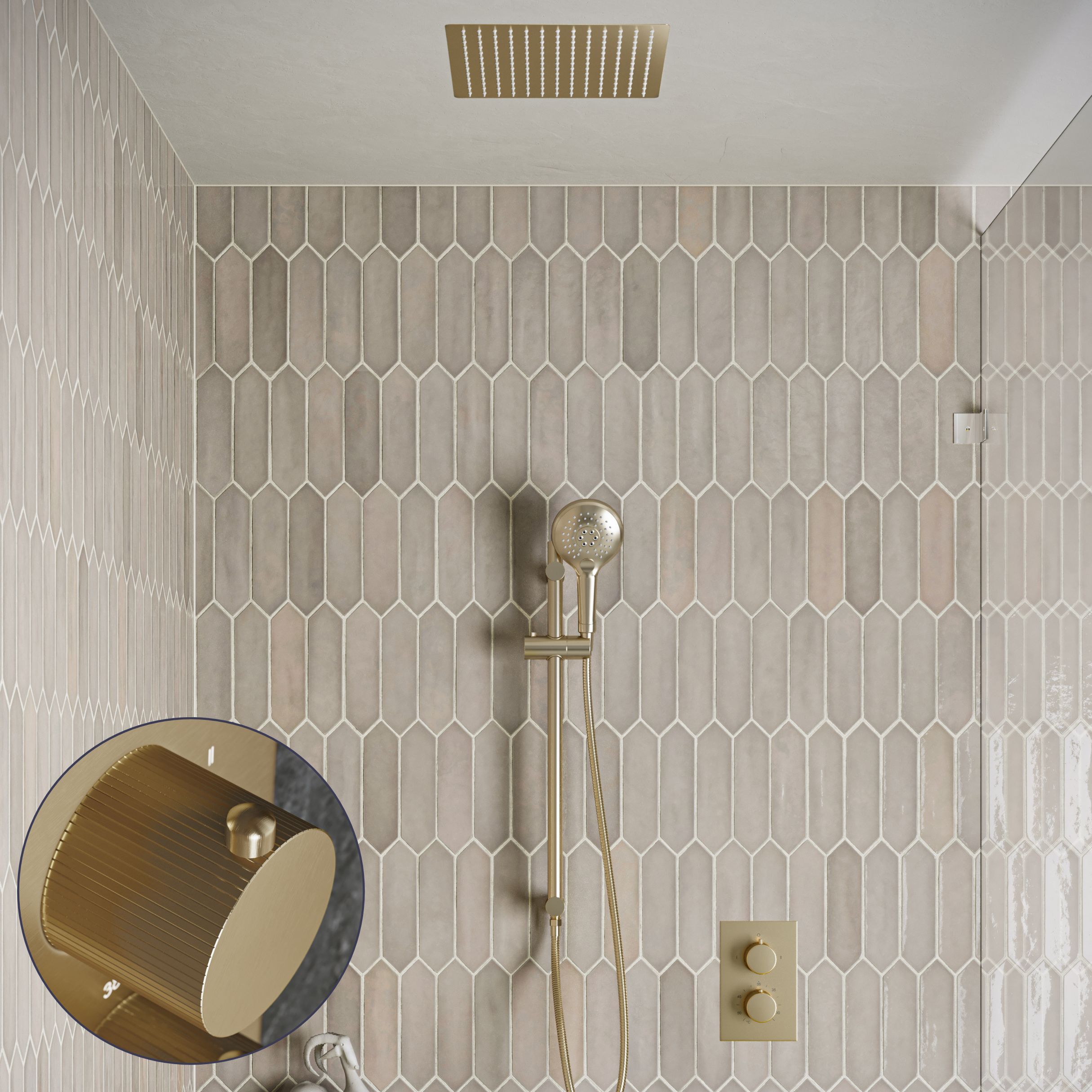 Saniclear Cube Stripes inbouw regendouche met inbouw douchekop 30x30cm, glijstang en 2 standen handdouche geborsteld messing - mat goud