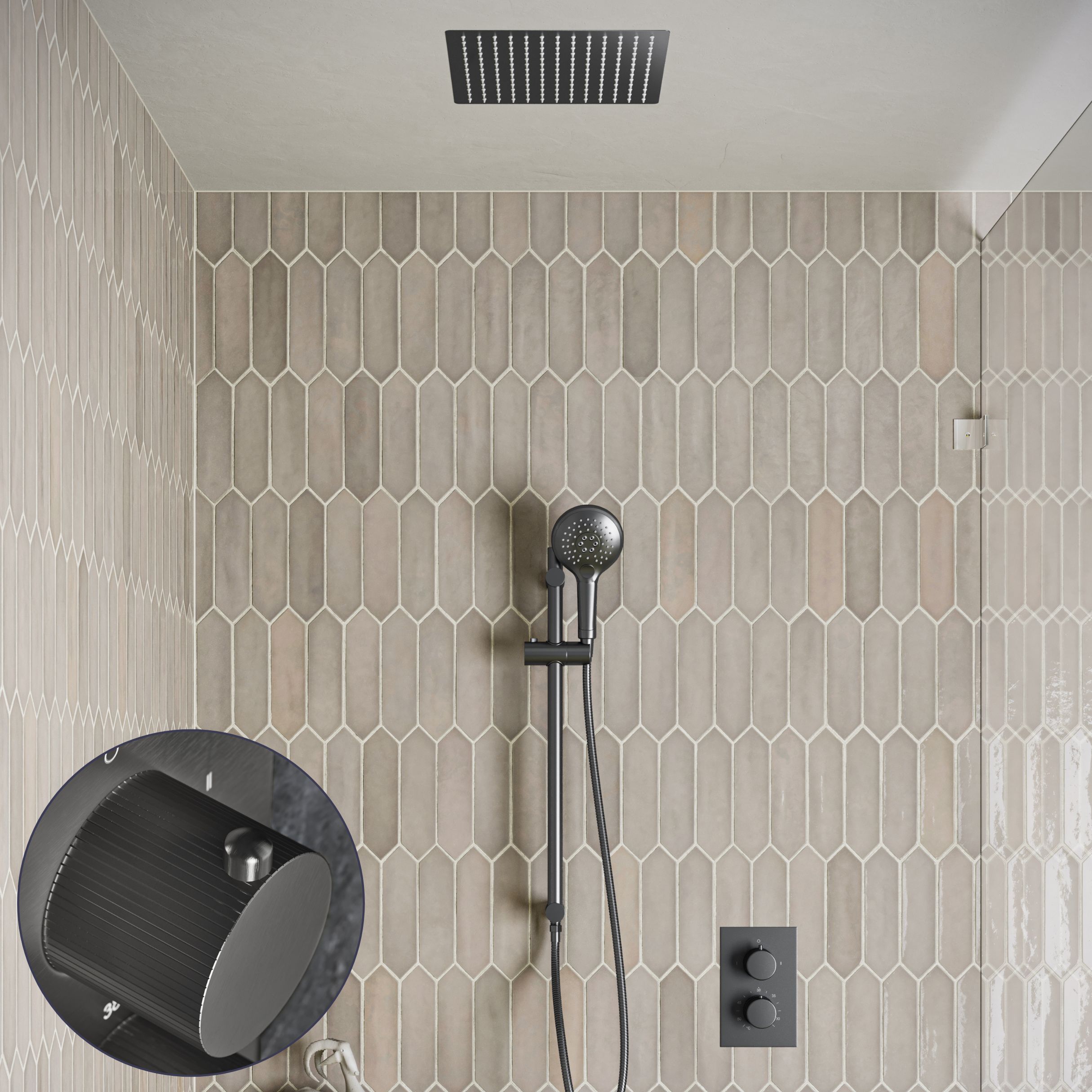Saniclear Cube Stripes inbouw regendouche met inbouw douchekop 30x30cm, glijstang en 2 standen handdouche verouderd ijzer - gunmetal