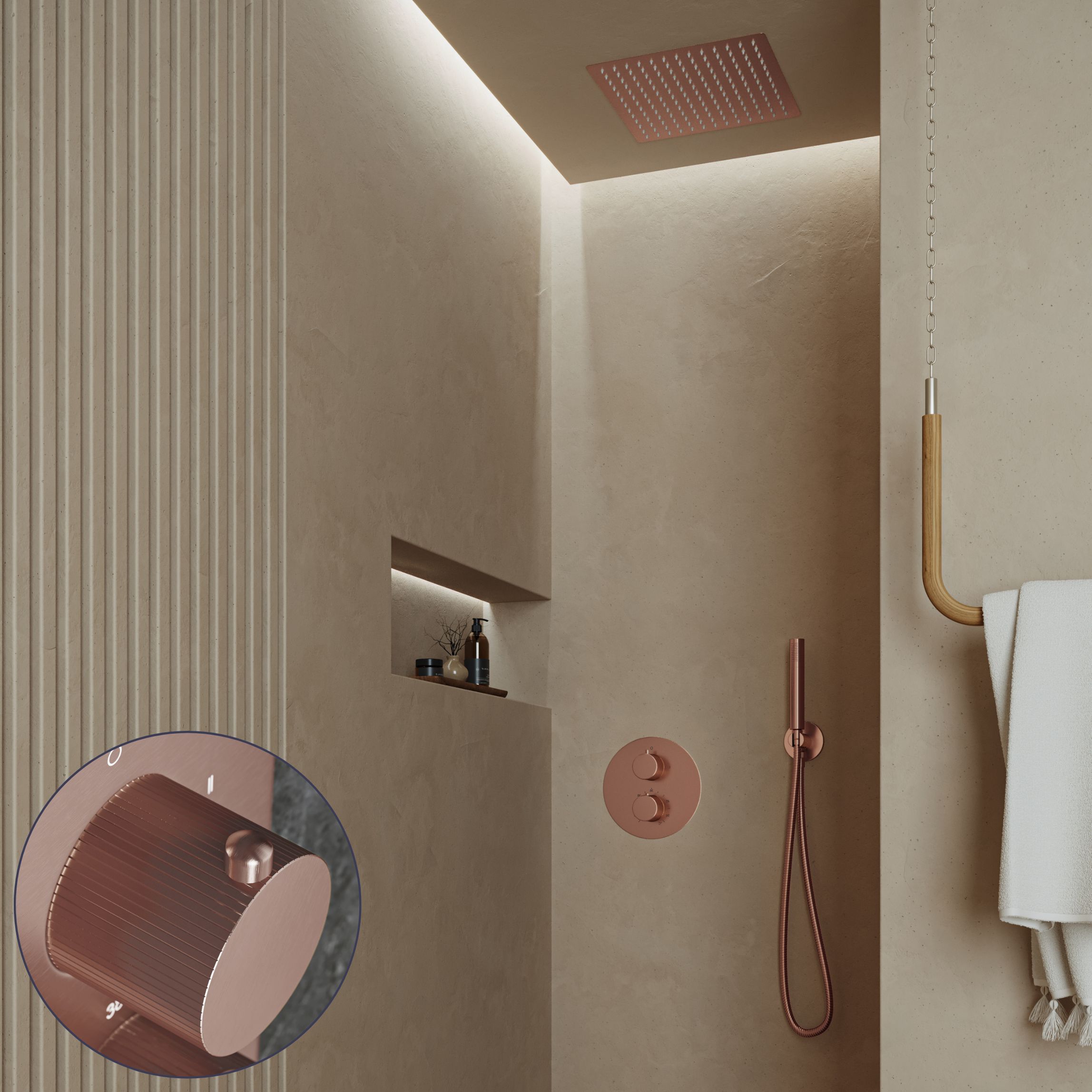 Saniclear Cube Stripes inbouw regendouche rond met inbouw douchekop 30x30cm geborsteld koper