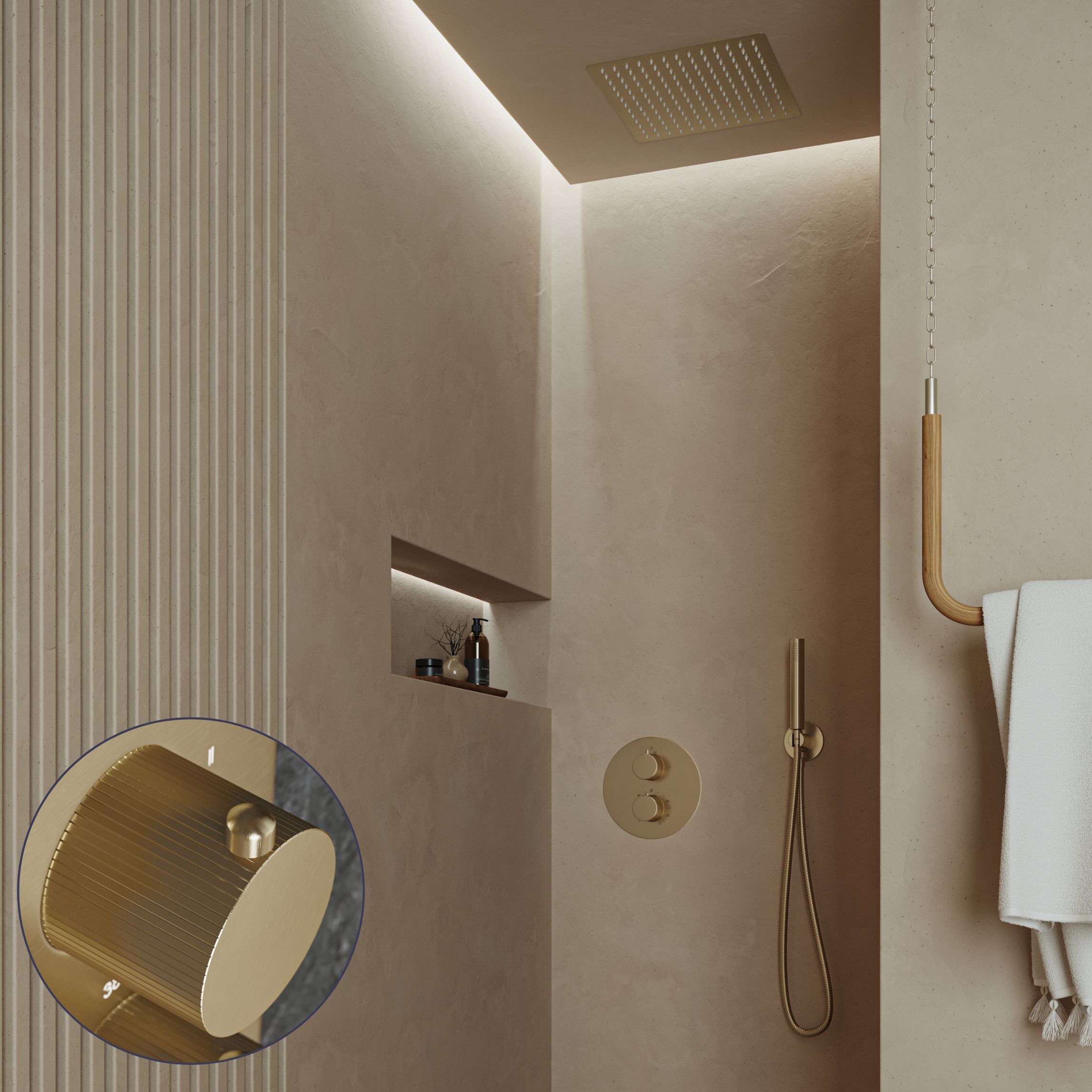 Saniclear Cube Stripes inbouw regendouche rond met inbouw douchekop 30x30cm geborsteld messing - mat goud