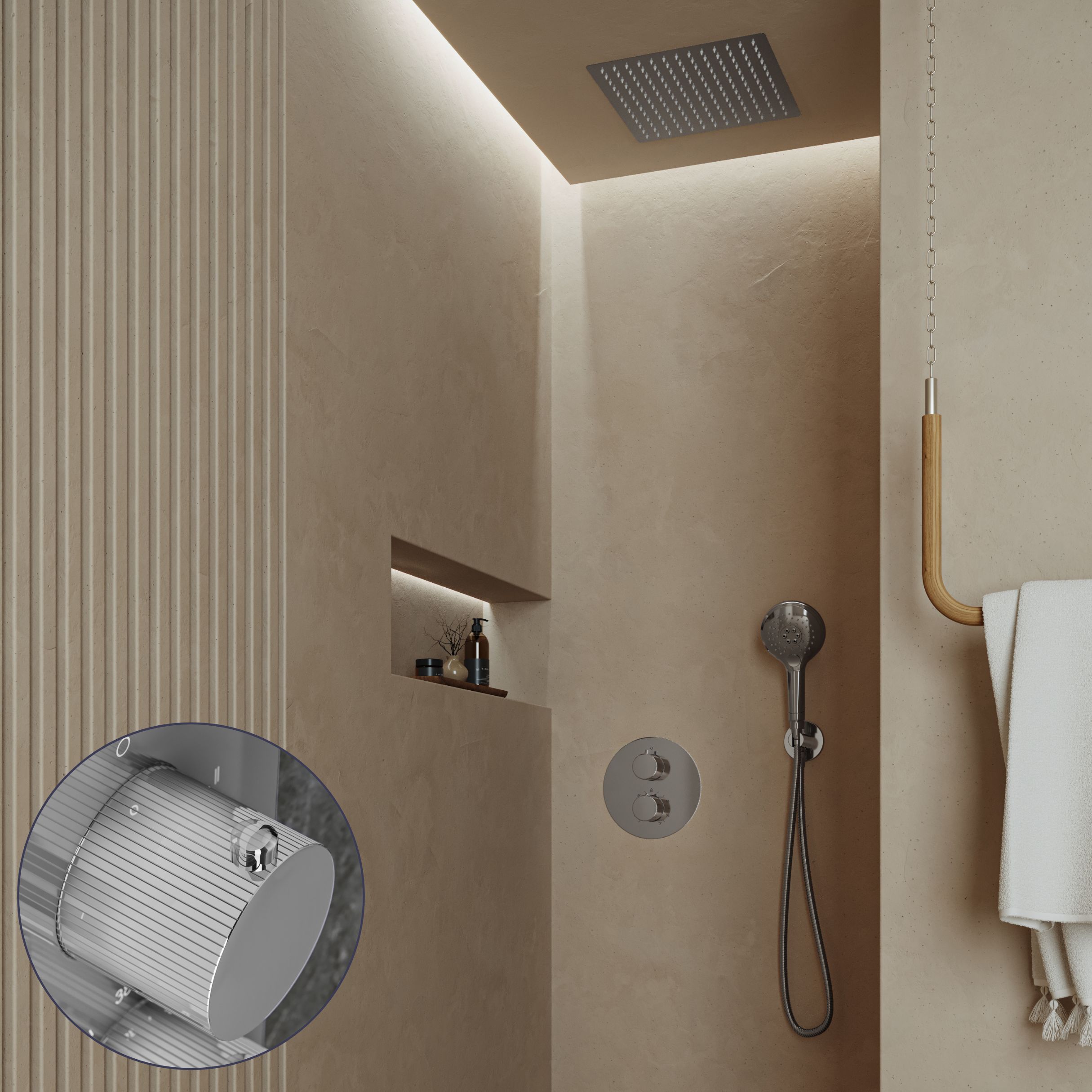 Saniclear Cube Stripes inbouw regendouche rond met inbouw douchekop 30x30cm en 2 standen handdouche chroom
