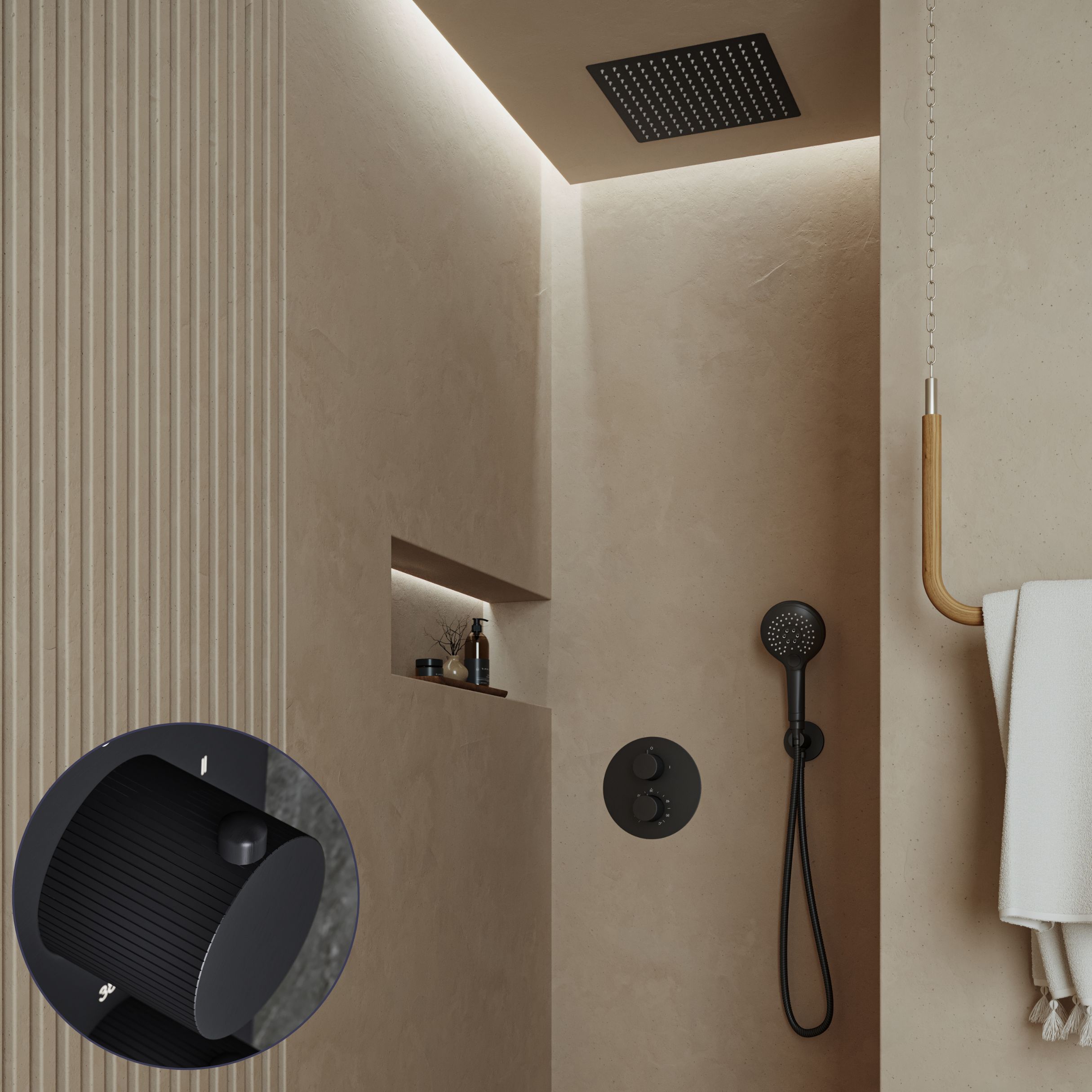 Saniclear Cube Stripes inbouw regendouche rond met inbouw douchekop 30x30cm en 2 standen handdouche zwart mat