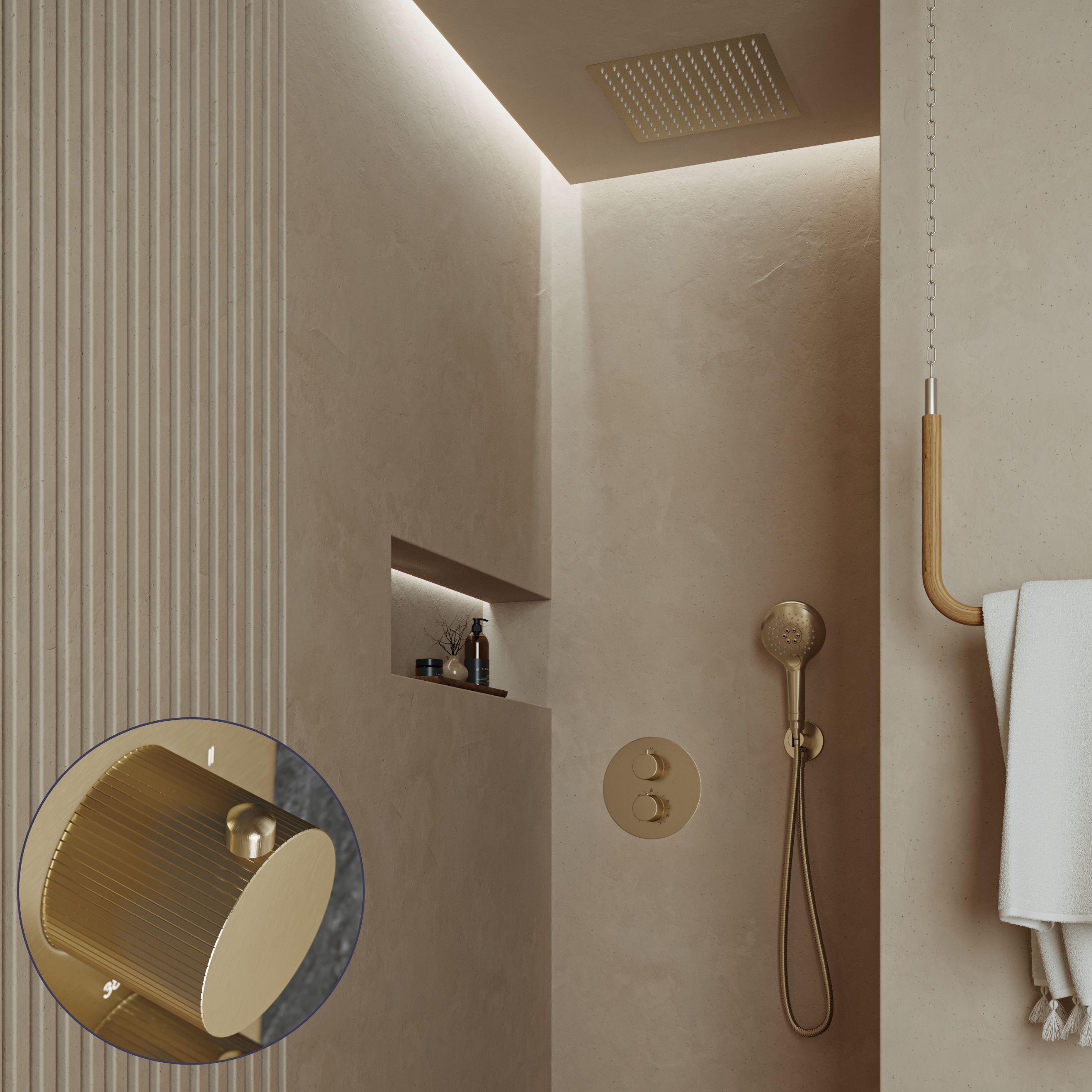 Saniclear Cube Stripes inbouw regendouche rond met inbouw douchekop 30x30cm en 2 standen handdouche geborsteld messing - mat goud
