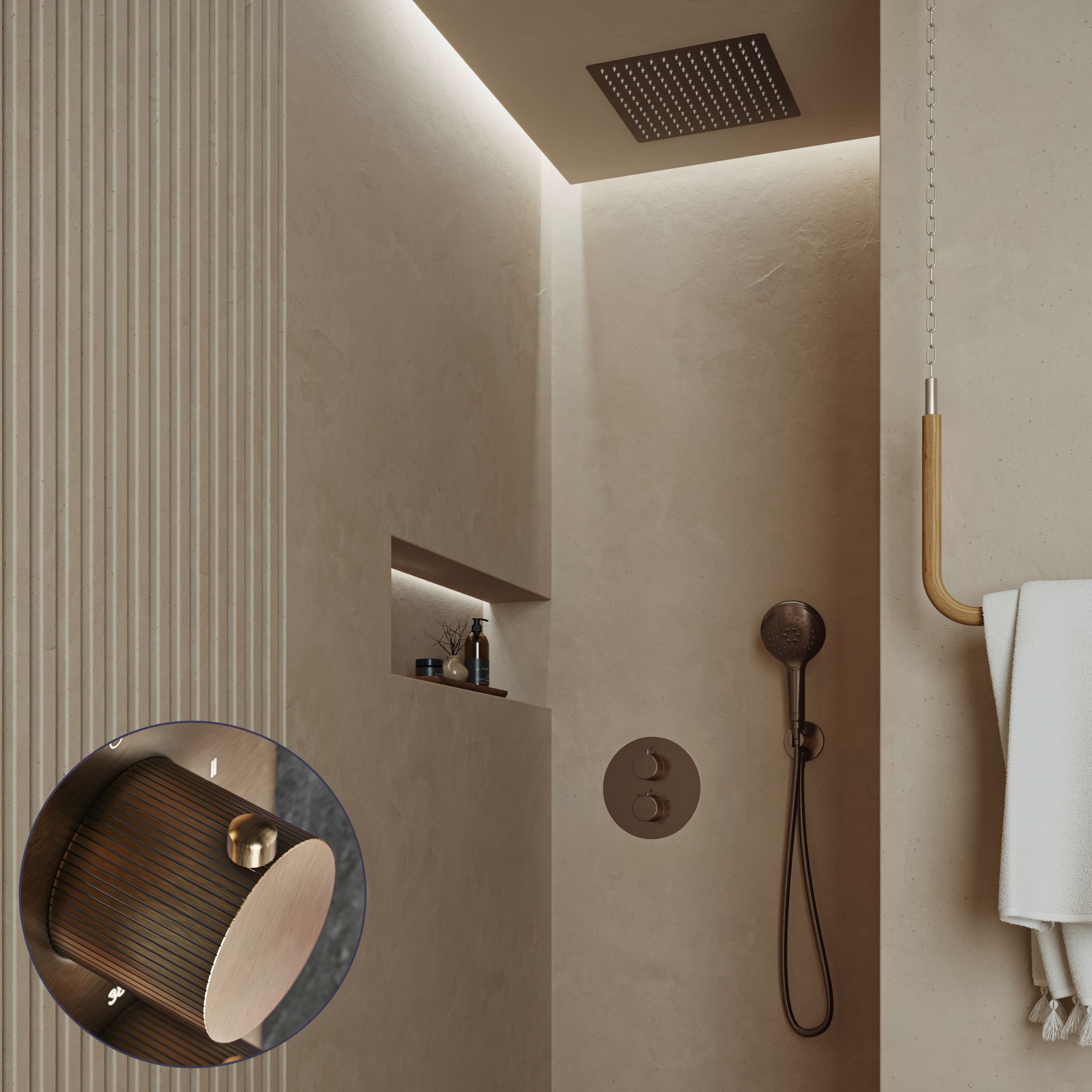 Saniclear Cube Stripes inbouw regendouche rond met inbouw douchekop 30x30cm en 2 standen handdouche verouderd messing