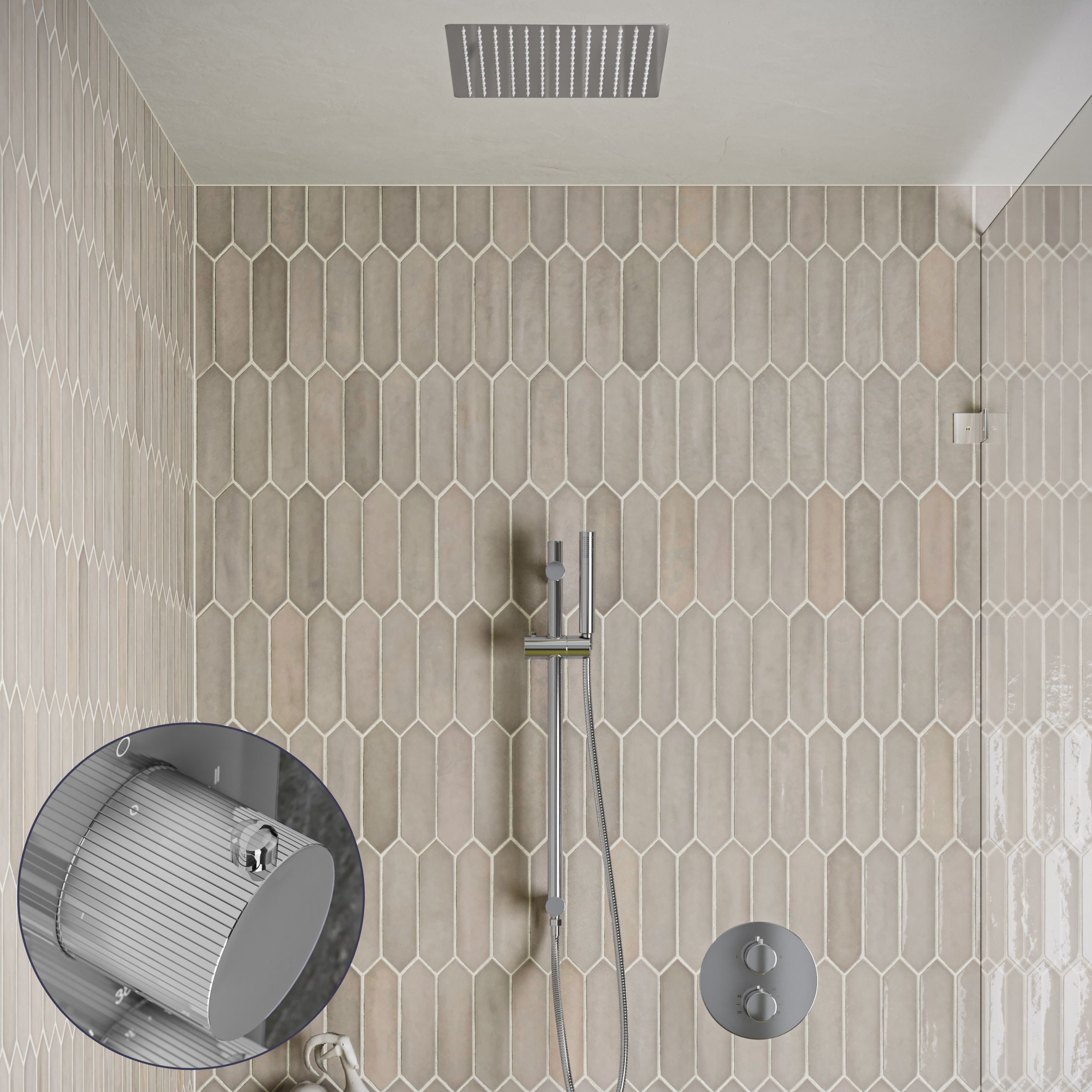 Saniclear Cube Stripes inbouw regendouche rond met inbouw douchekop 30x30cm, glijstang en staafhanddouche chroom
