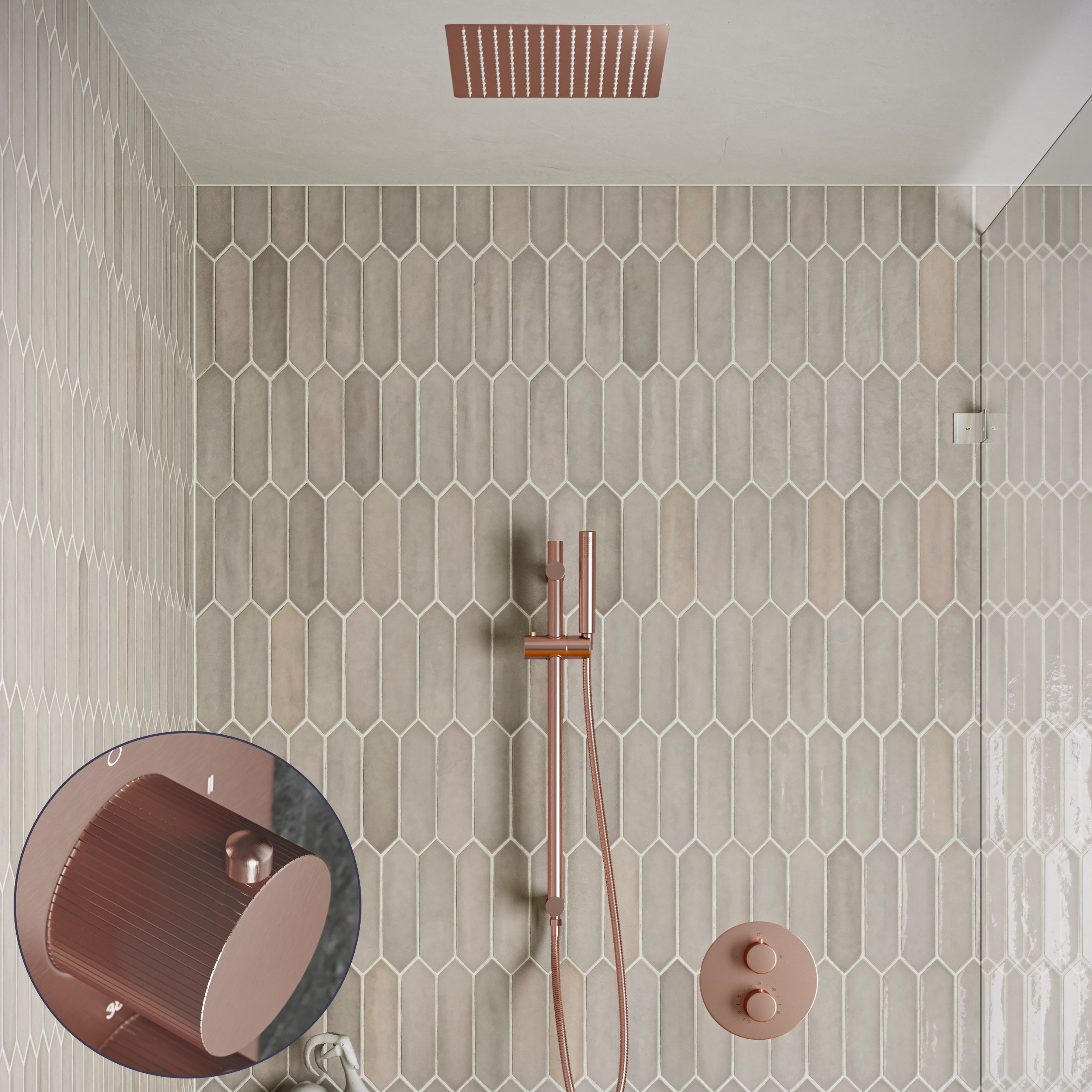 Saniclear Cube Stripes inbouw regendouche rond met inbouw douchekop 30x30cm, glijstang en staafhanddouche geborsteld koper