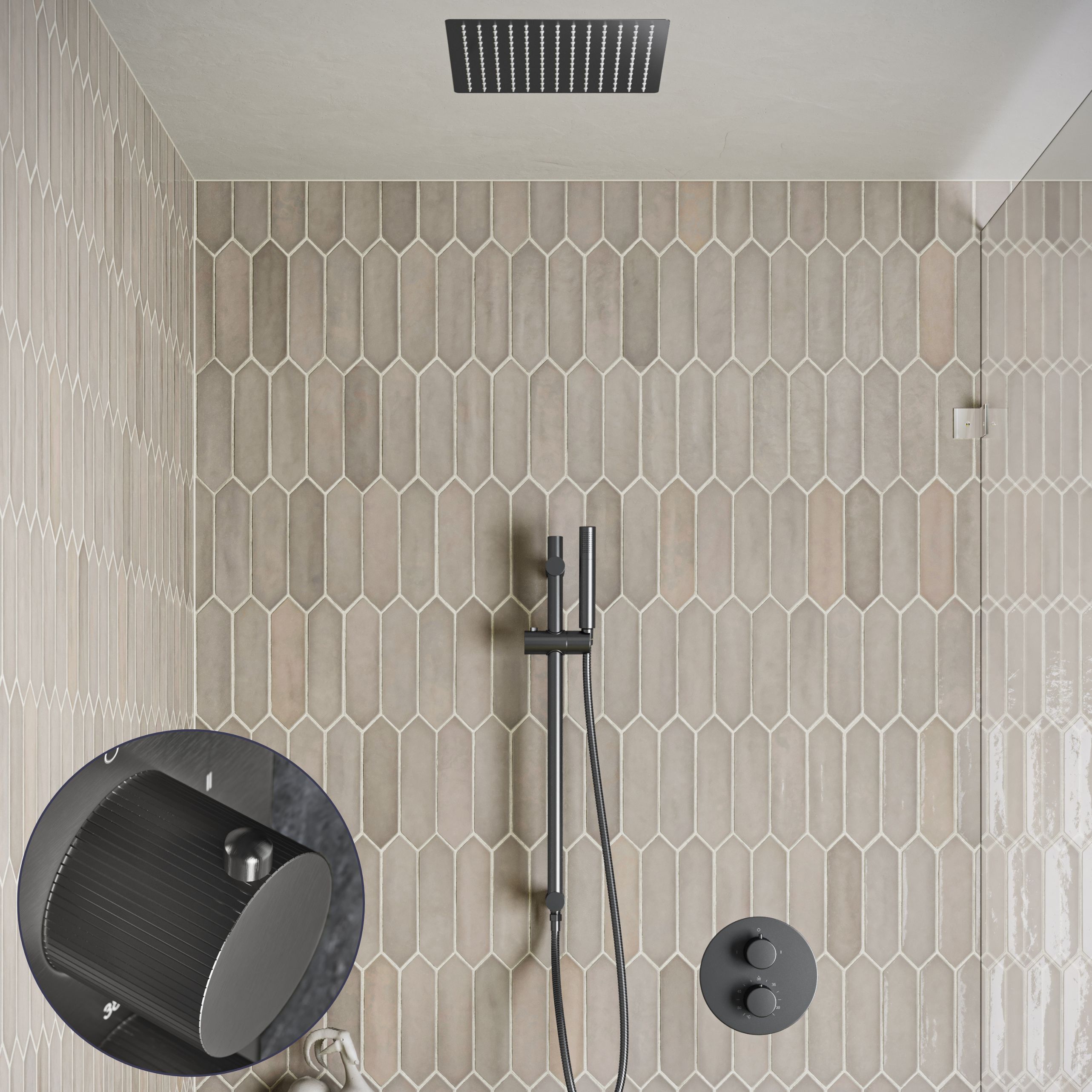 Saniclear Cube Stripes inbouw regendouche rond met inbouw douchekop 30x30cm, glijstang en staafhanddouche verouderd ijzer - gunmetal