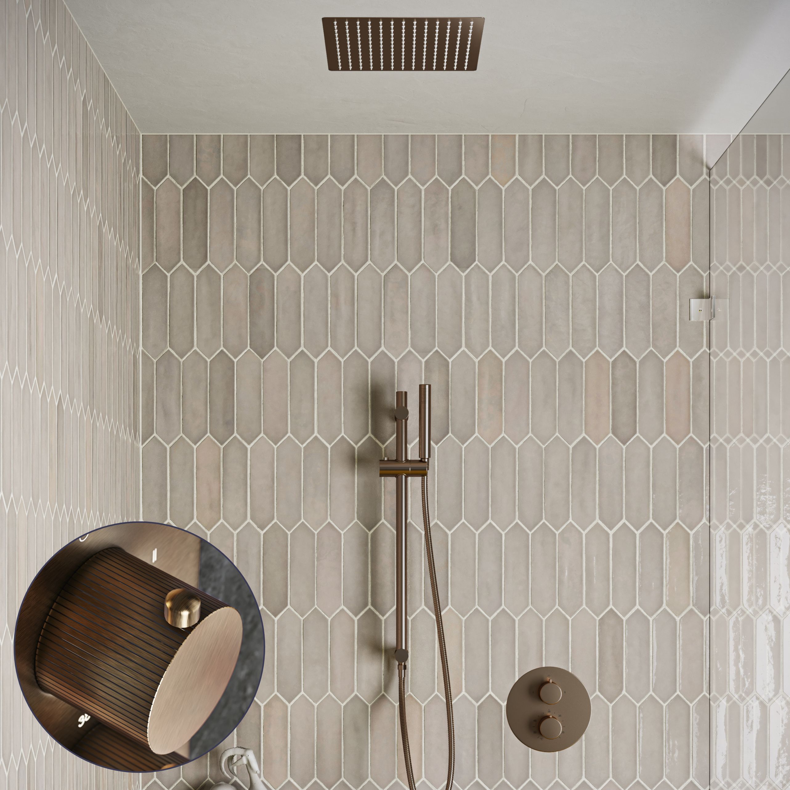 Saniclear Cube Stripes inbouw regendouche rond met inbouw douchekop 30x30cm, glijstang en staafhanddouche verouderd messing