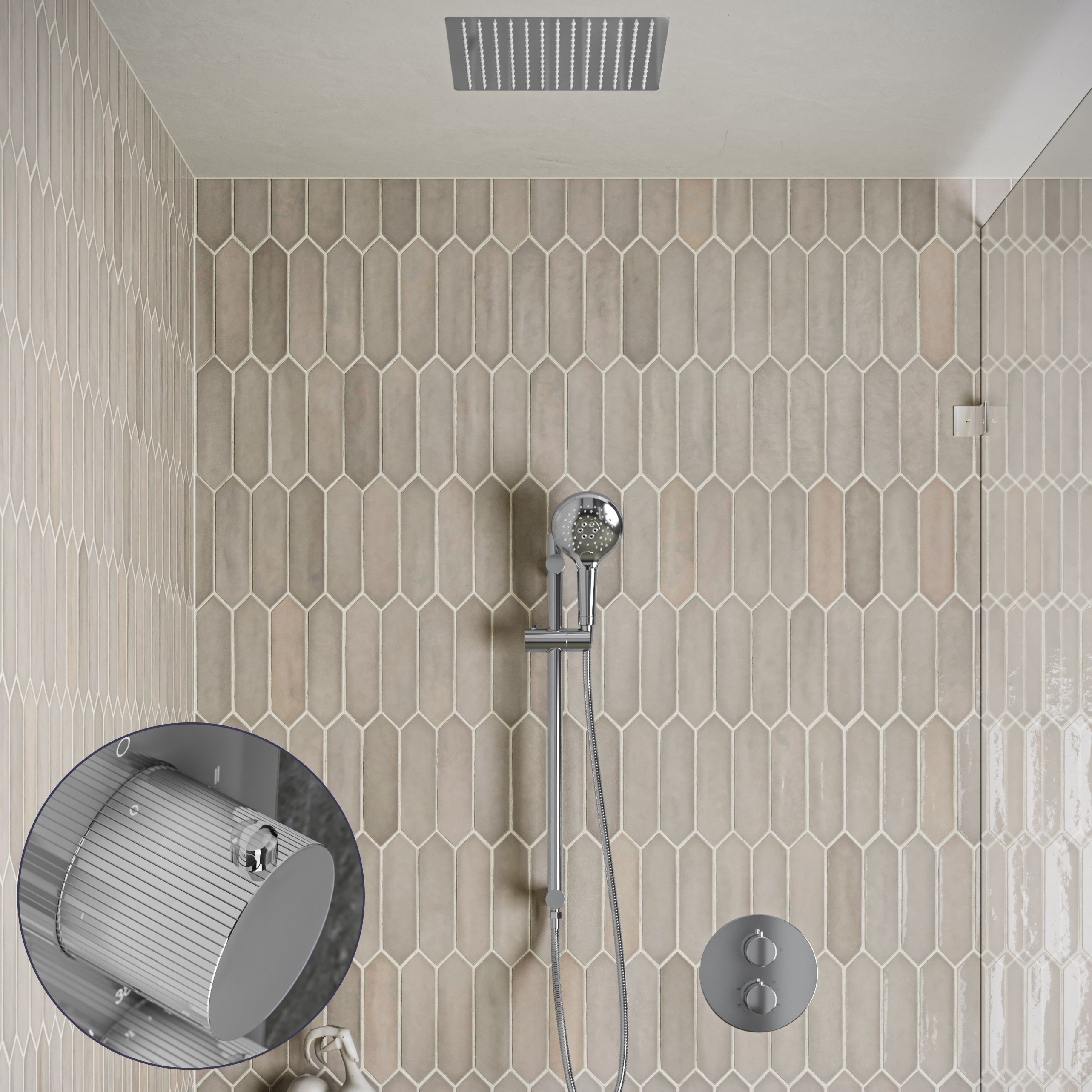 Saniclear Cube Stripes inbouw regendouche rond met inbouw douchekop 30x30cm, glijstang en 2 standen handdouche chroom