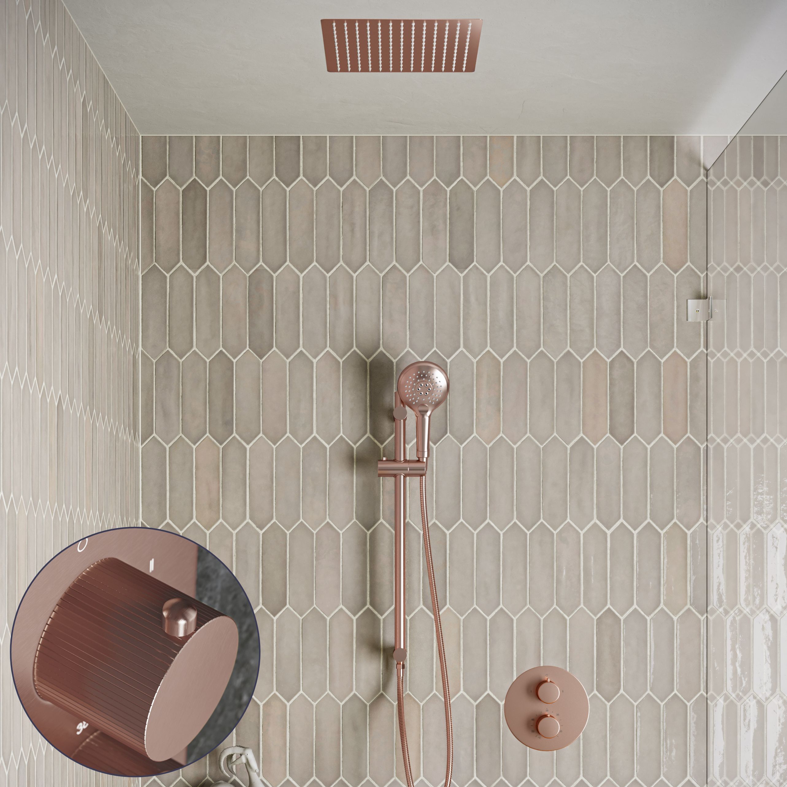 Saniclear Cube Stripes inbouw regendouche rond met inbouw douchekop 30x30cm, glijstang en 2 standen handdouche geborsteld koper