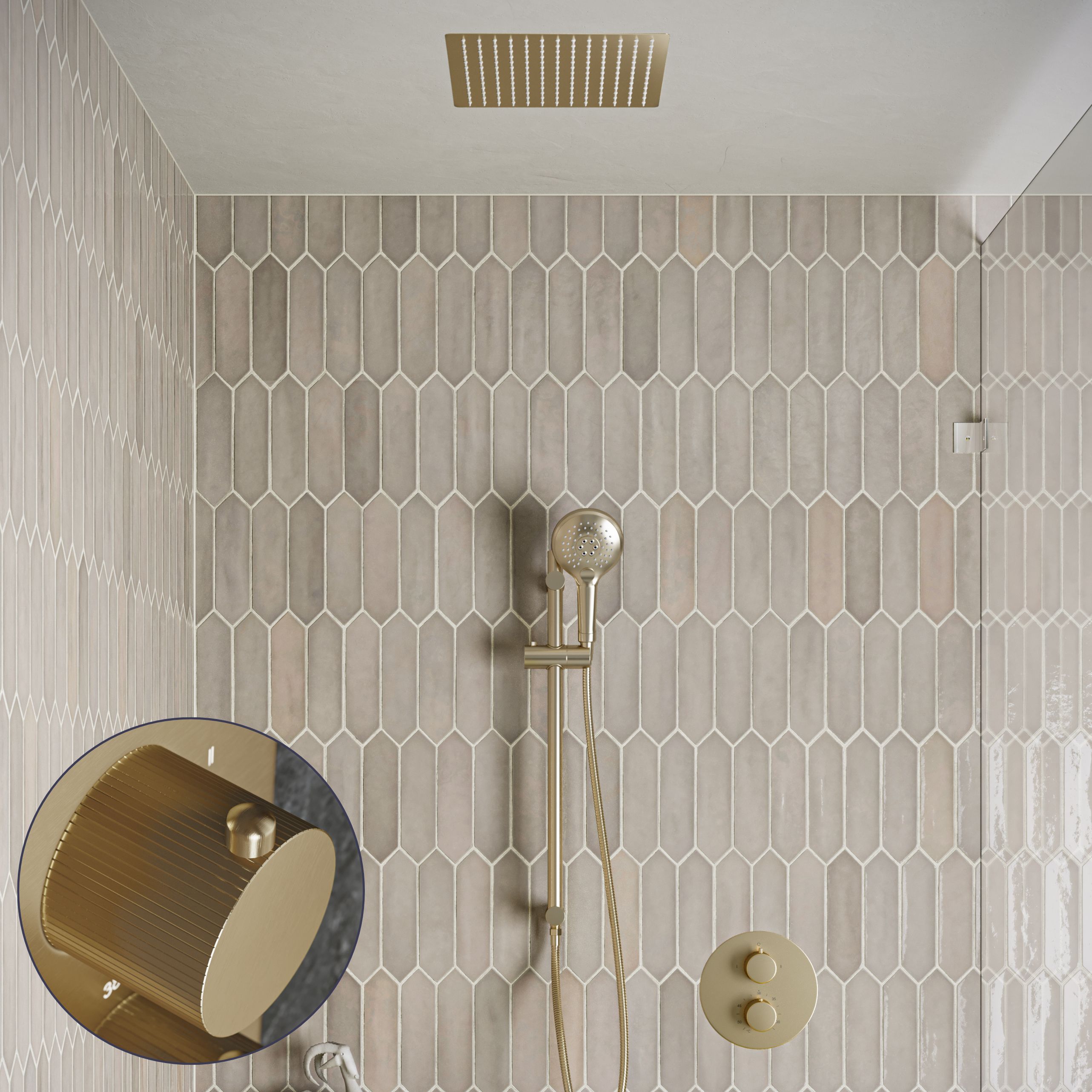 Saniclear Cube Stripes inbouw regendouche rond met inbouw douchekop 30x30cm, glijstang en 2 standen handdouche geborsteld messing - mat goud