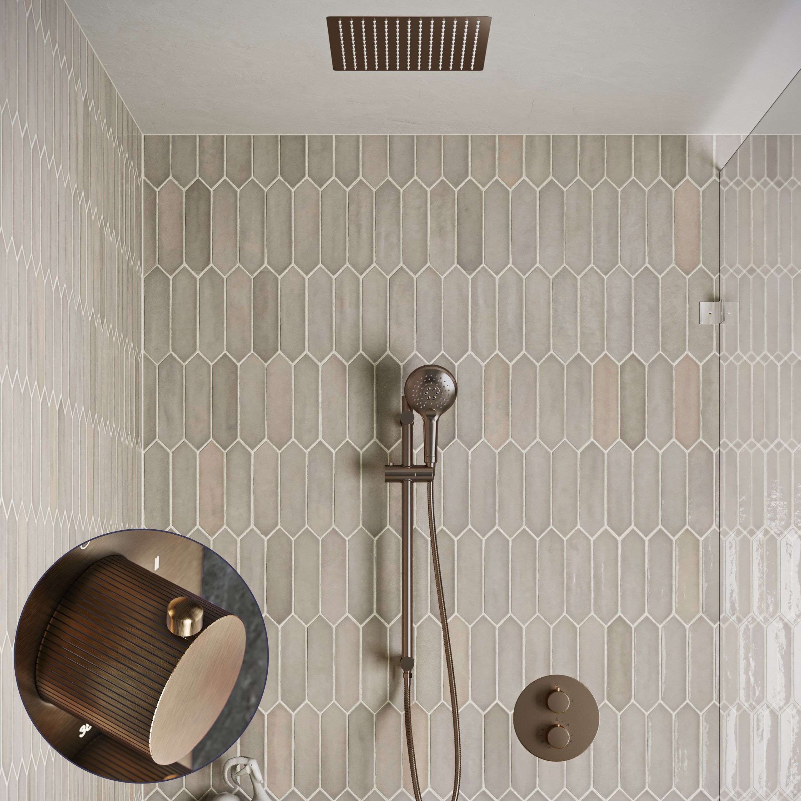 Saniclear Cube Stripes inbouw regendouche rond met inbouw douchekop 30x30cm, glijstang en 2 standen handdouche verouderd messing
