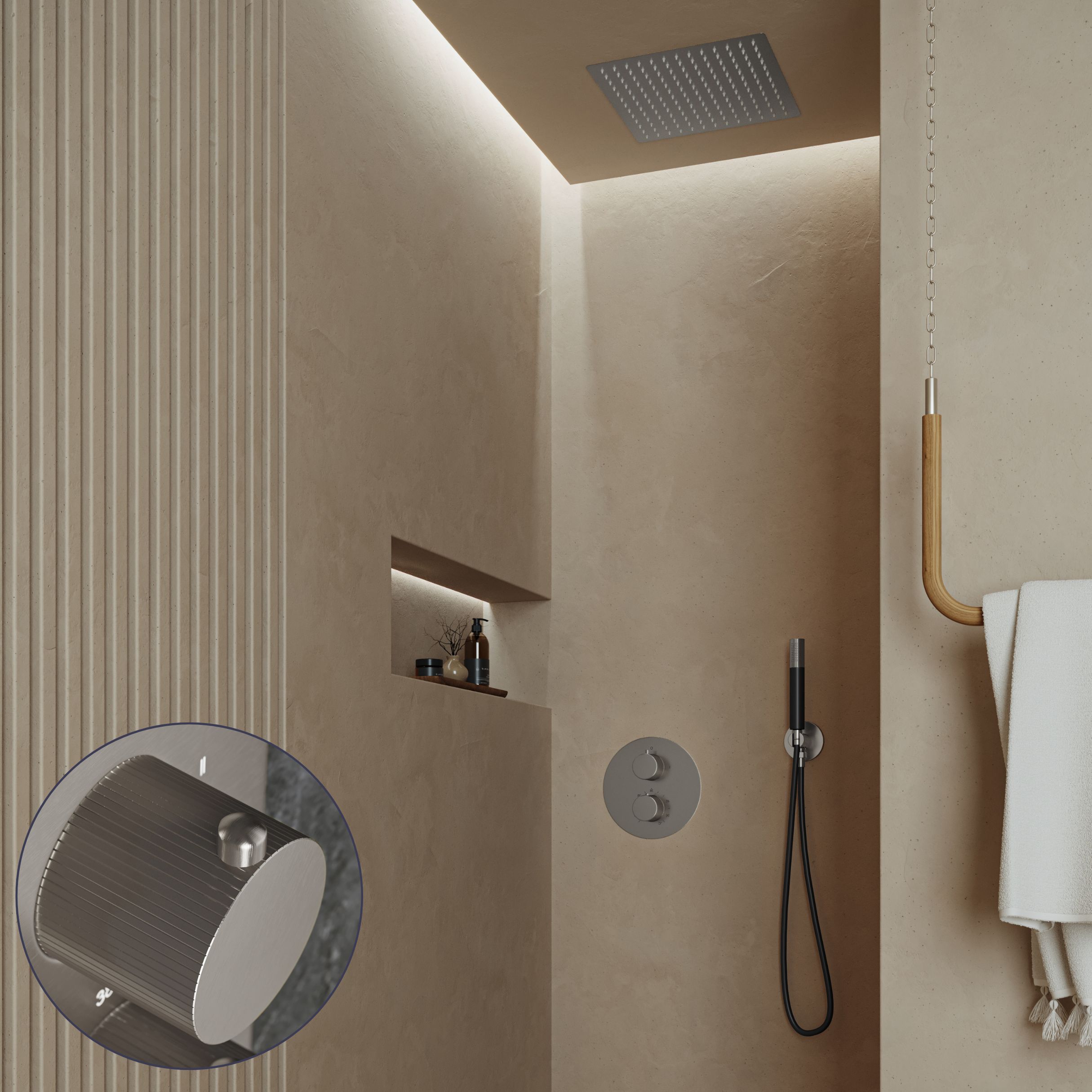 Saniclear Cube Stripes Pro inbouw regendouche rond met inbouw douchekop 30x30cm en staafhanddouche RVS