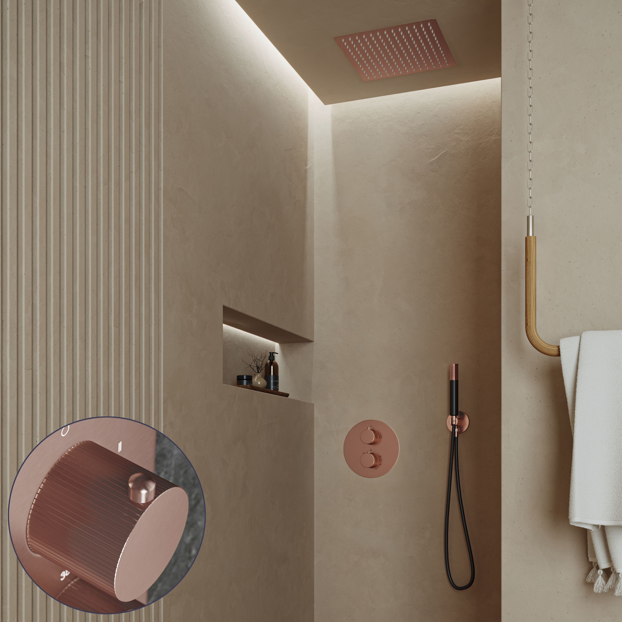 Saniclear Cube Stripes Pro inbouw regendouche rond met inbouw douchekop 30x30cm en staafhanddouche geborsteld koper