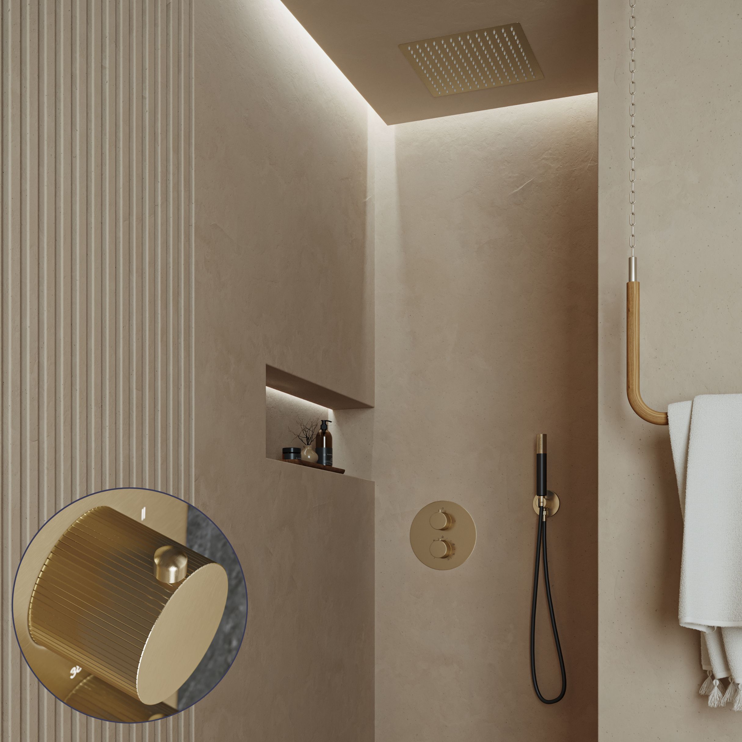 Saniclear Cube Stripes Pro inbouw regendouche rond met inbouw douchekop 30x30cm en staafhanddouche geborsteld messing - mat goud