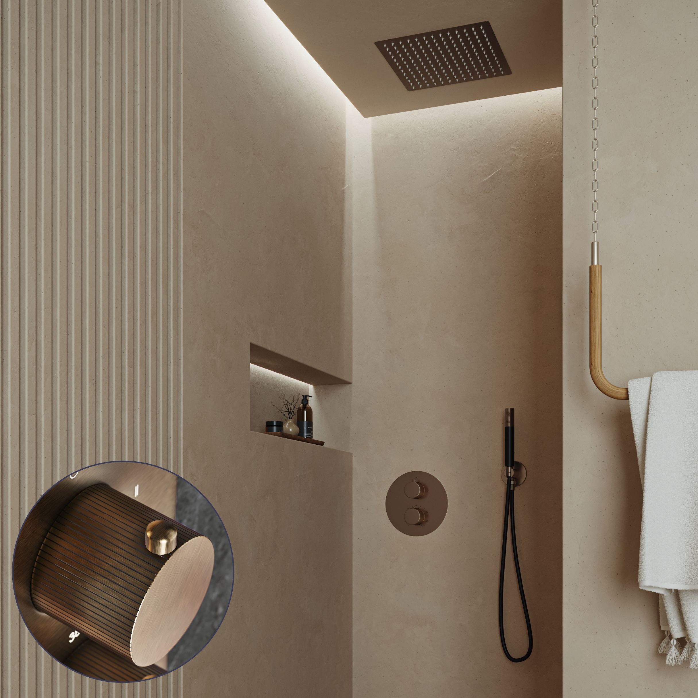 Saniclear Cube Stripes Pro inbouw regendouche rond met inbouw douchekop 30x30cm en staafhanddouche verouderd messing