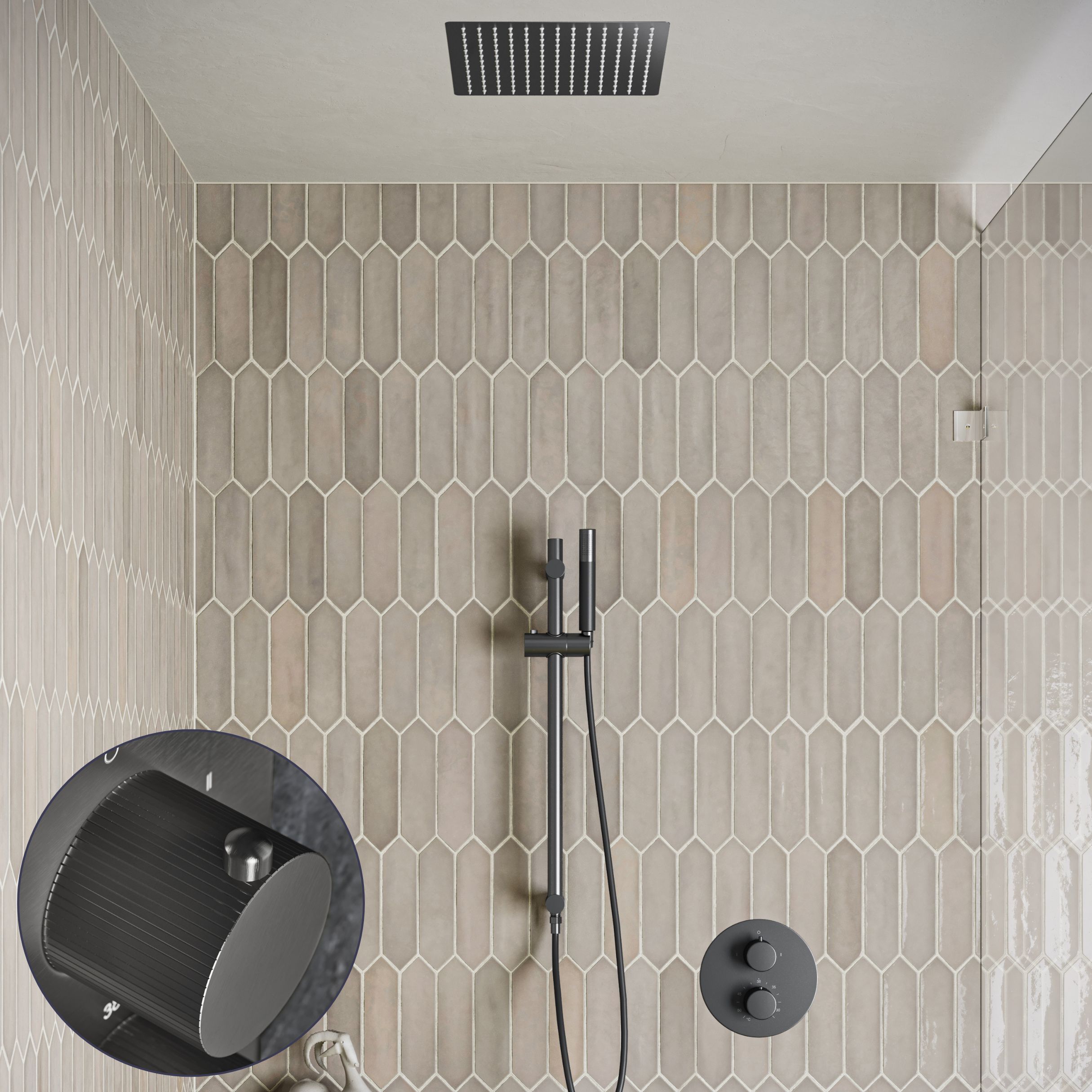 Saniclear Cube Stripes Pro inbouw regendouche rond met inbouw douchekop 30x30cm, glijstang en staafhanddouche verouderd ijzer - gunmetal