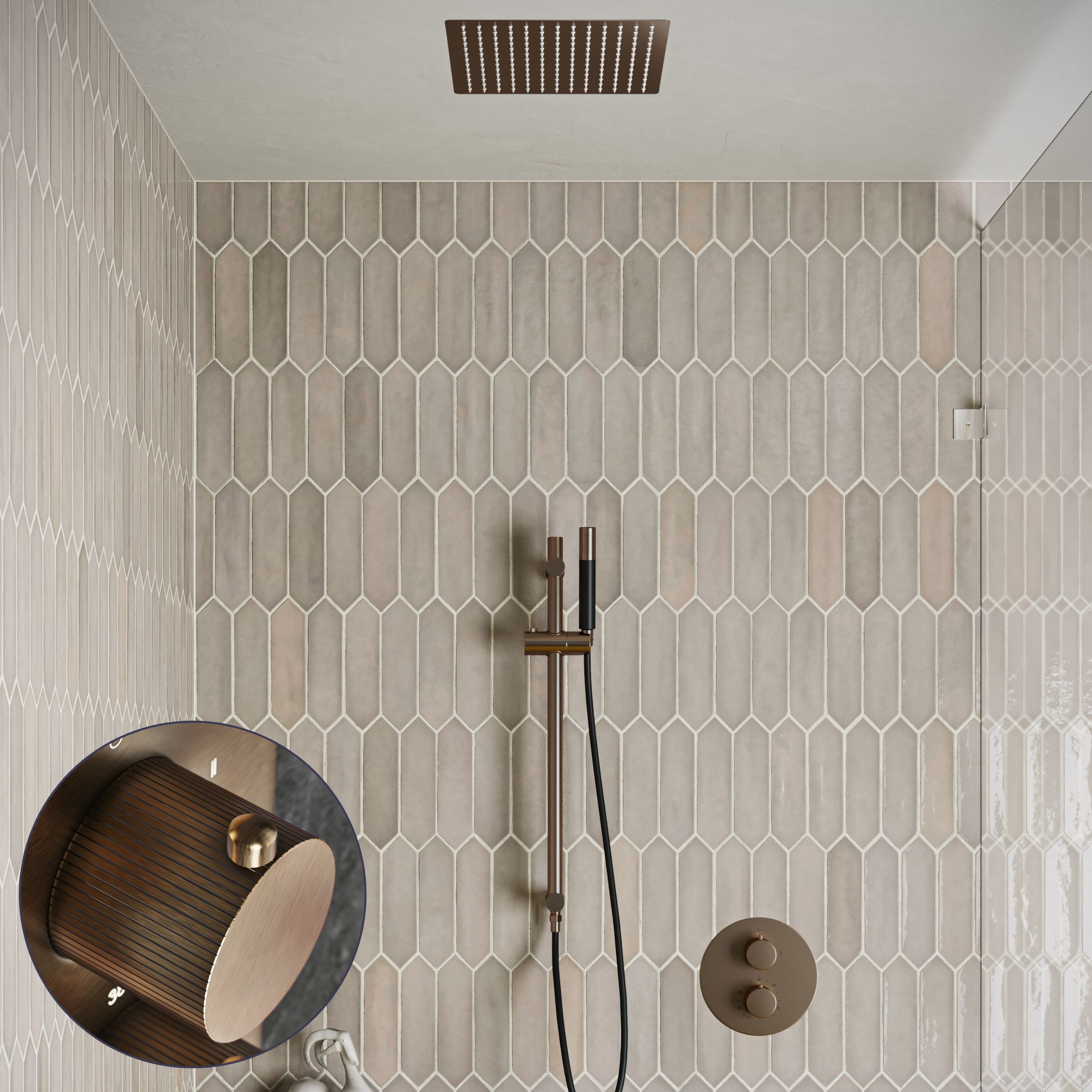 Saniclear Cube Stripes Pro inbouw regendouche rond met inbouw douchekop 30x30cm, glijstang en staafhanddouche verouderd messing