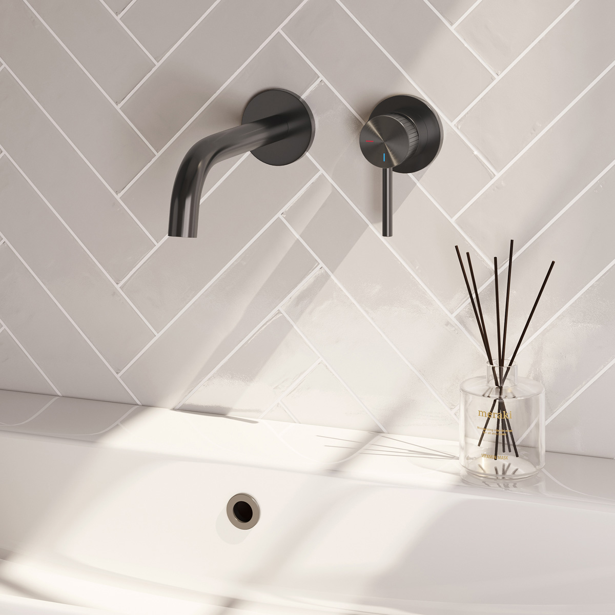 Brauer Stripe inbouw wastafelkraan ColdStart met gebogen uitloop en rozetten model A1 gunmetal geborsteld PVD