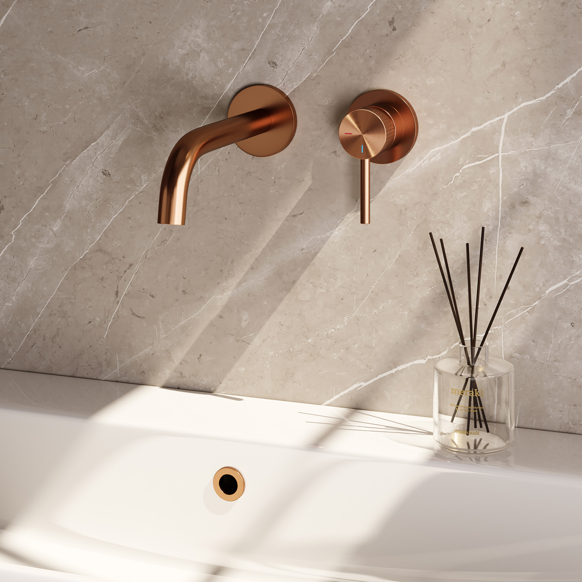 Brauer Stripe inbouw wastafelkraan ColdStart met gebogen uitloop en rozetten model A1 koper geborsteld PVD