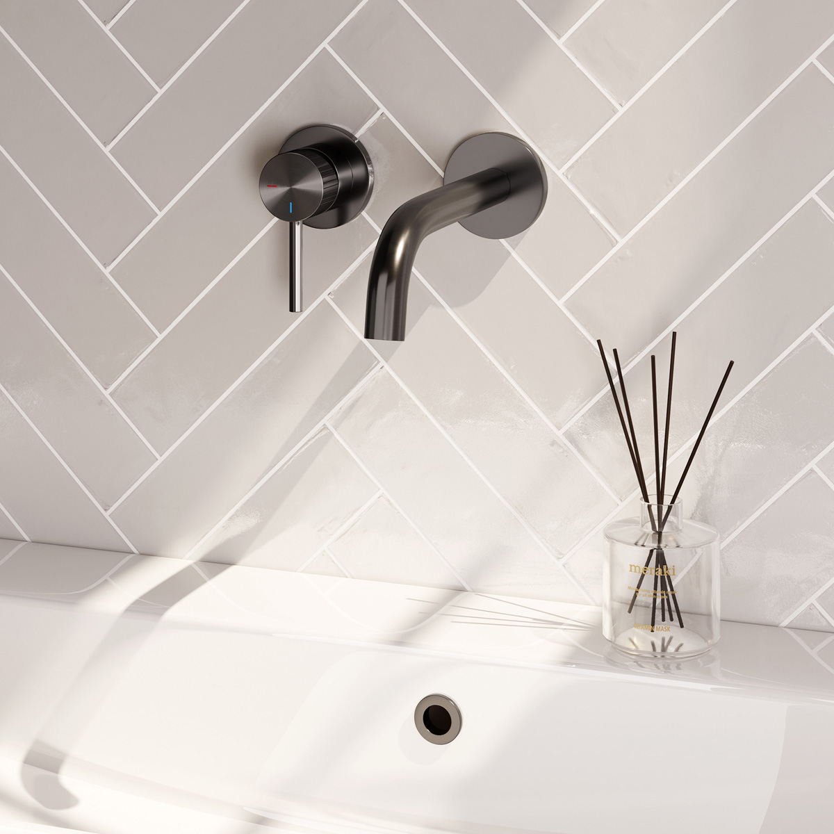 Brauer Stripe inbouw wastafelkraan ColdStart met gebogen uitloop en rozetten model A2 gunmetal geborsteld PVD