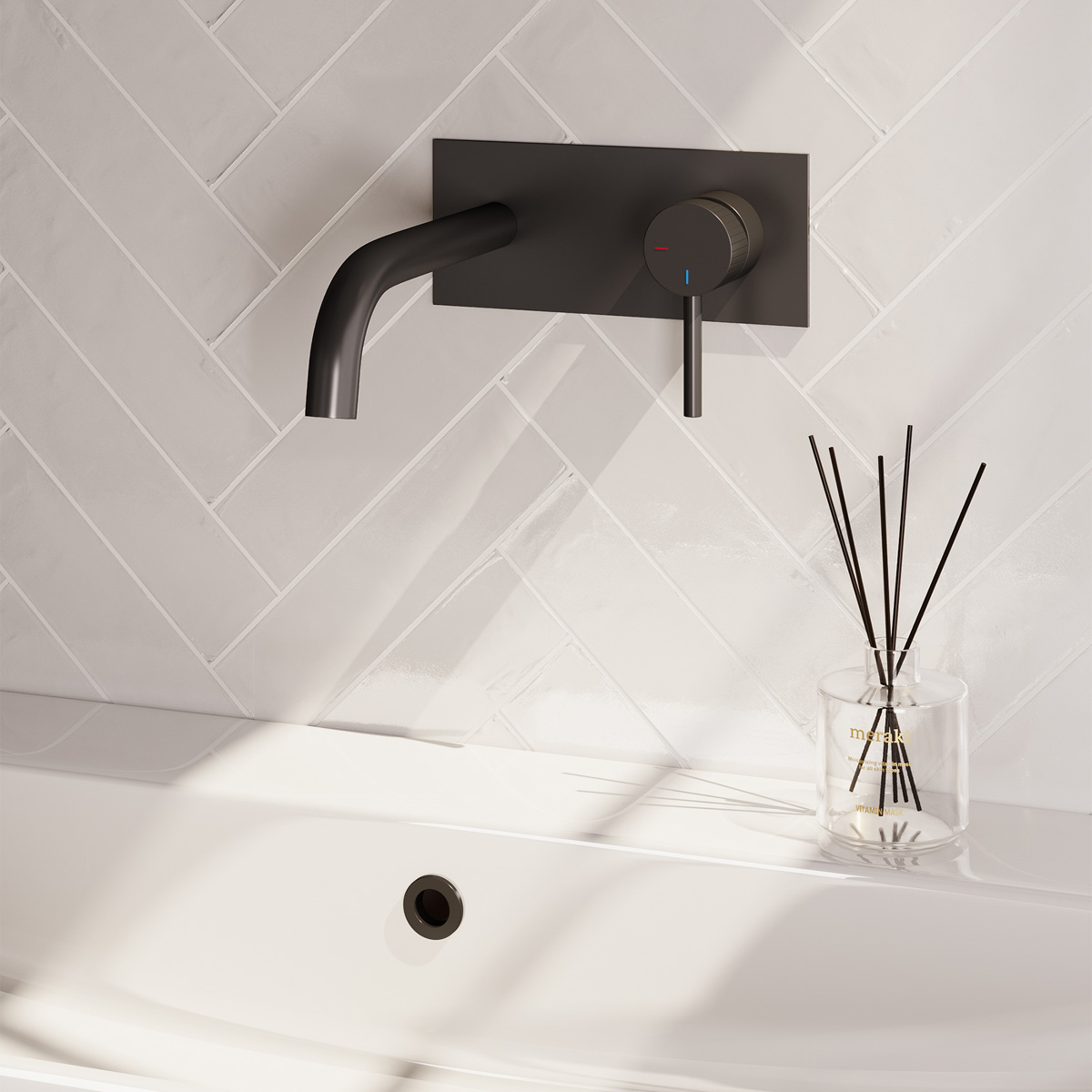 Brauer Stripe inbouw wastafelkraan ColdStart met gebogen uitloop en afdekplaat model A1 zwart mat