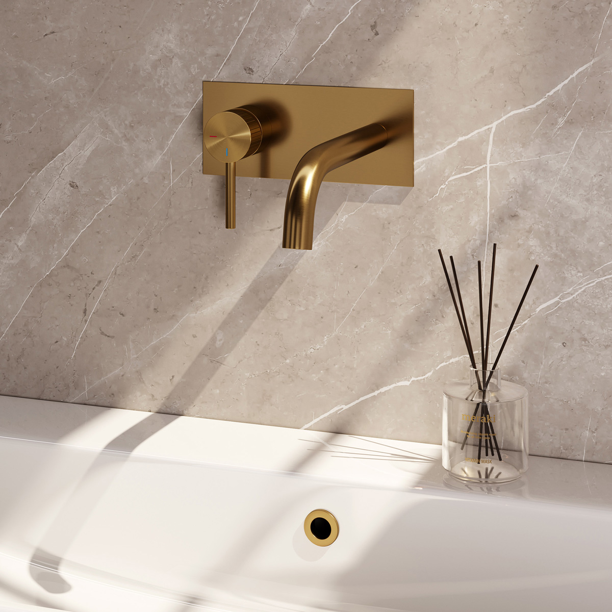 Brauer Stripe inbouw wastafelkraan ColdStart met gebogen uitloop en afdekplaat model A2 messing geborsteld PVD