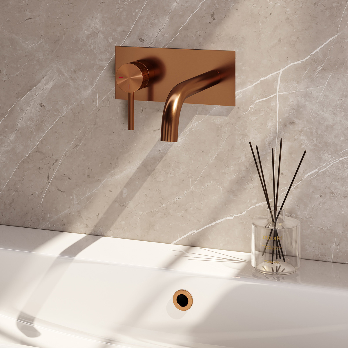 Brauer Stripe inbouw wastafelkraan ColdStart met gebogen uitloop en afdekplaat model A2 koper geborsteld PVD