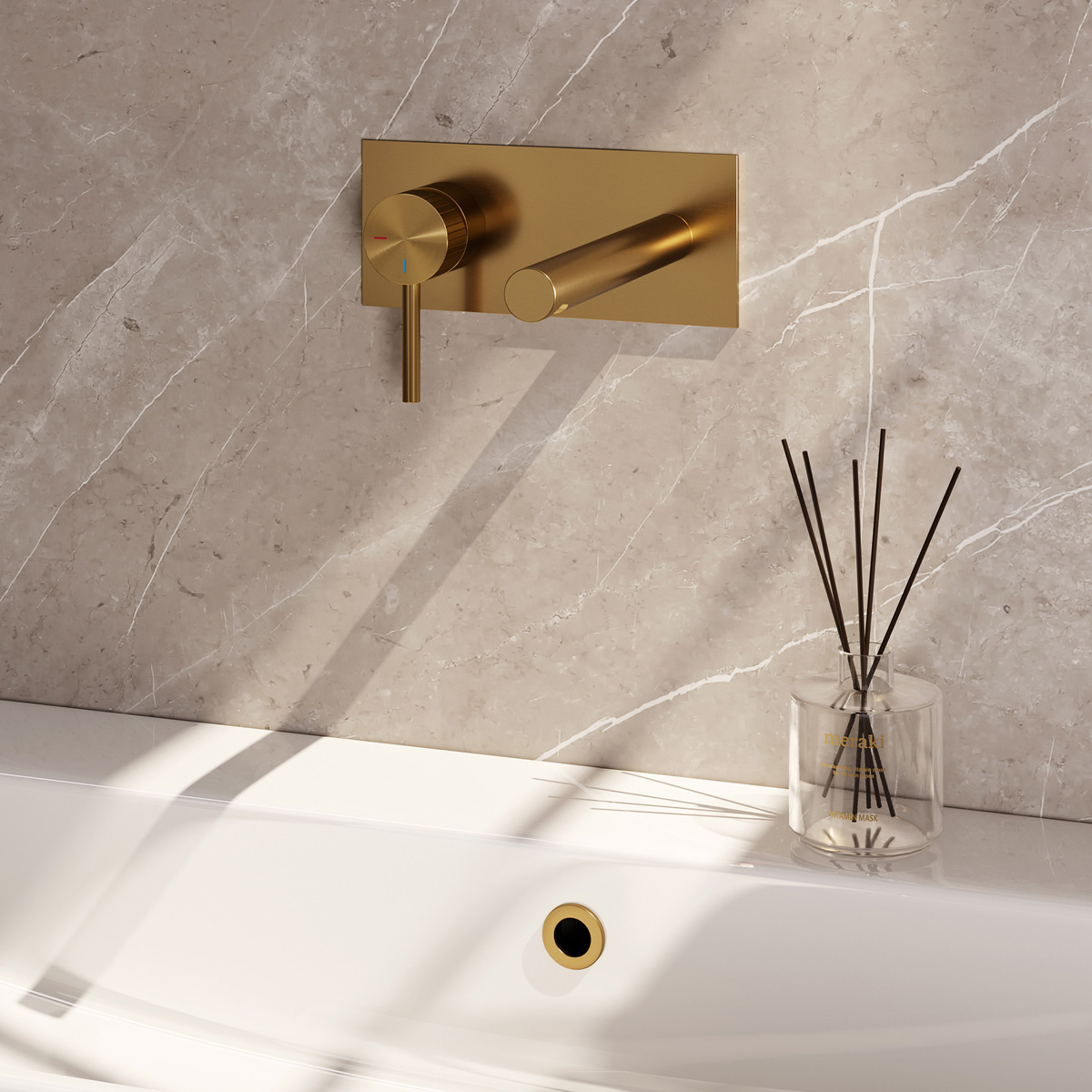 Brauer Stripe inbouw wastafelkraan ColdStart met rechte uitloop en afdekplaat model A2 messing geborsteld PVD