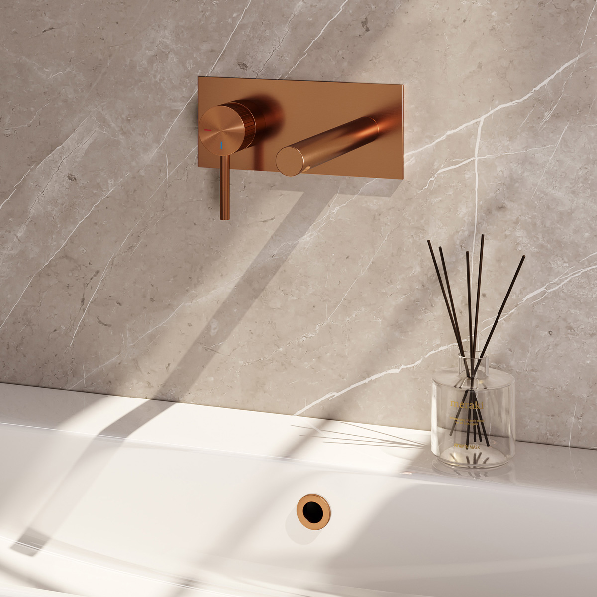 Brauer Stripe inbouw wastafelkraan ColdStart met rechte uitloop en afdekplaat model A2 koper geborsteld PVD