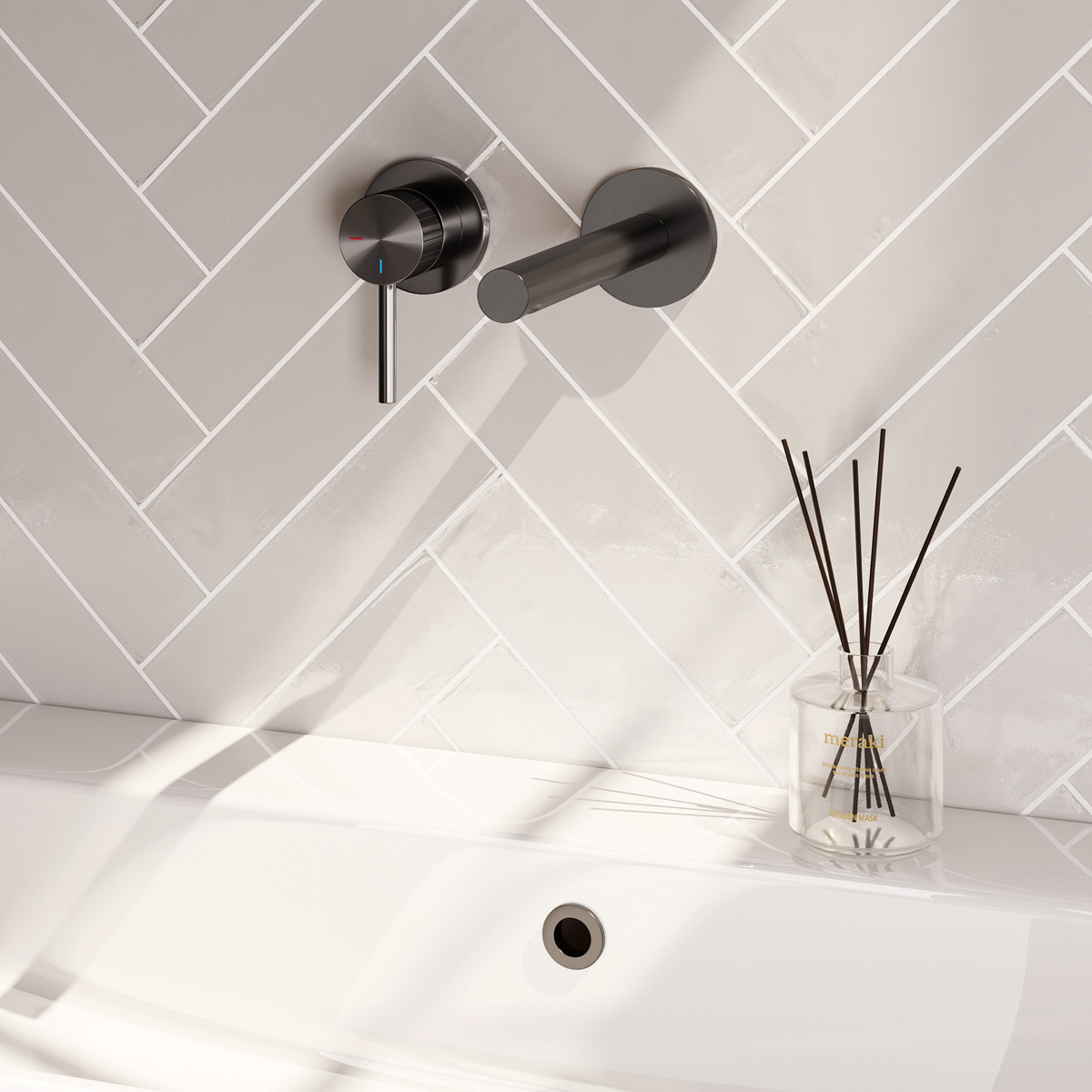 Brauer Stripe inbouw wastafelkraan ColdStart met rechte uitloop en rozetten model A2 gunmetal geborsteld PVD