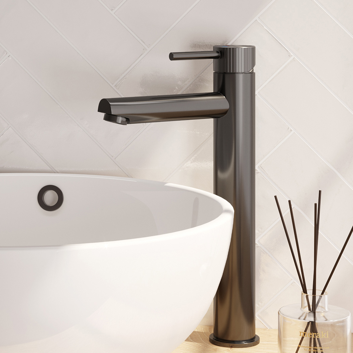 Brauer Stripe verhoogde wastafelkraan model A met ColdStart gunmetal geborsteld PVD
