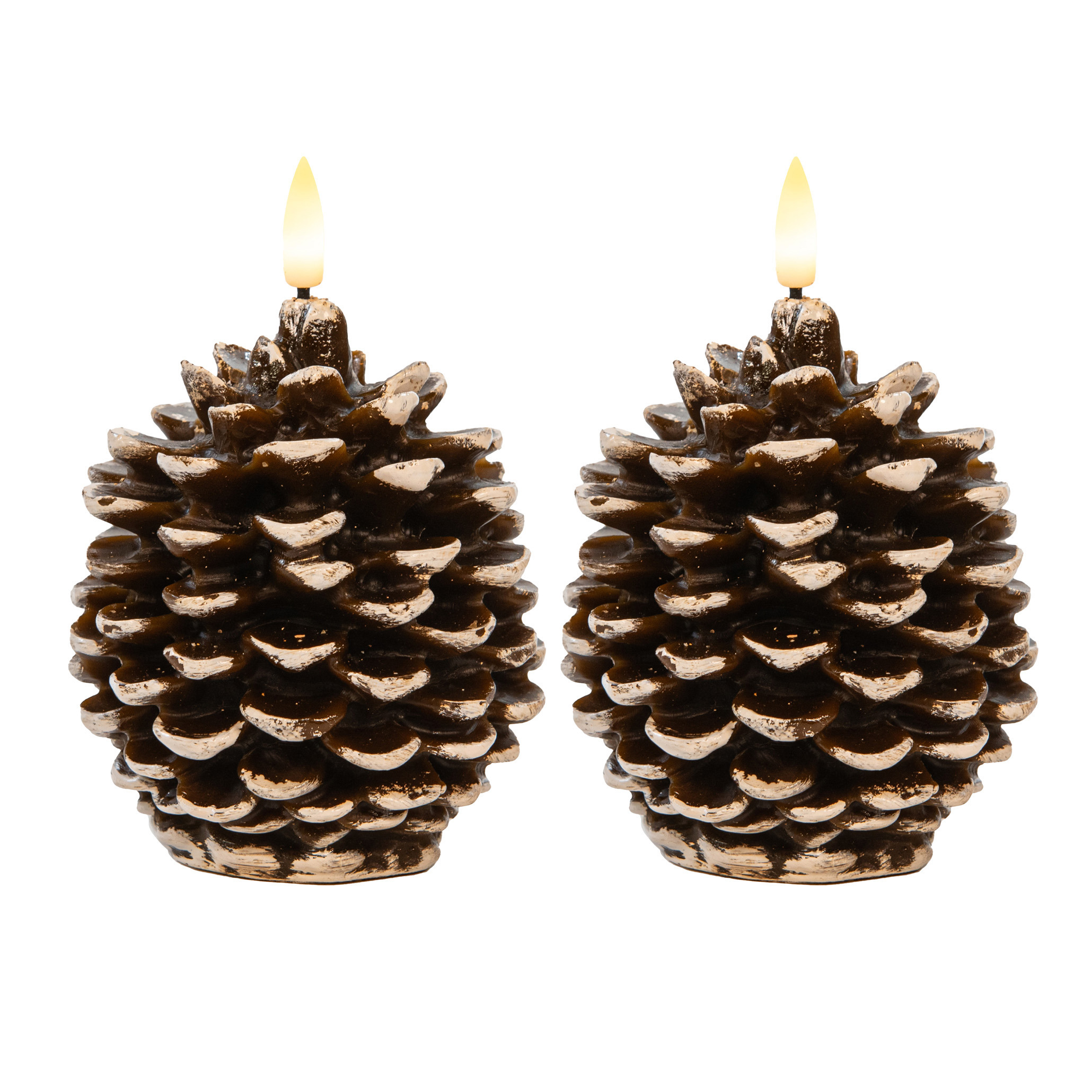 Anna's Collection LED dennenappel kaars - 2x - bruin - 10 x 8.5 cm - met timer -