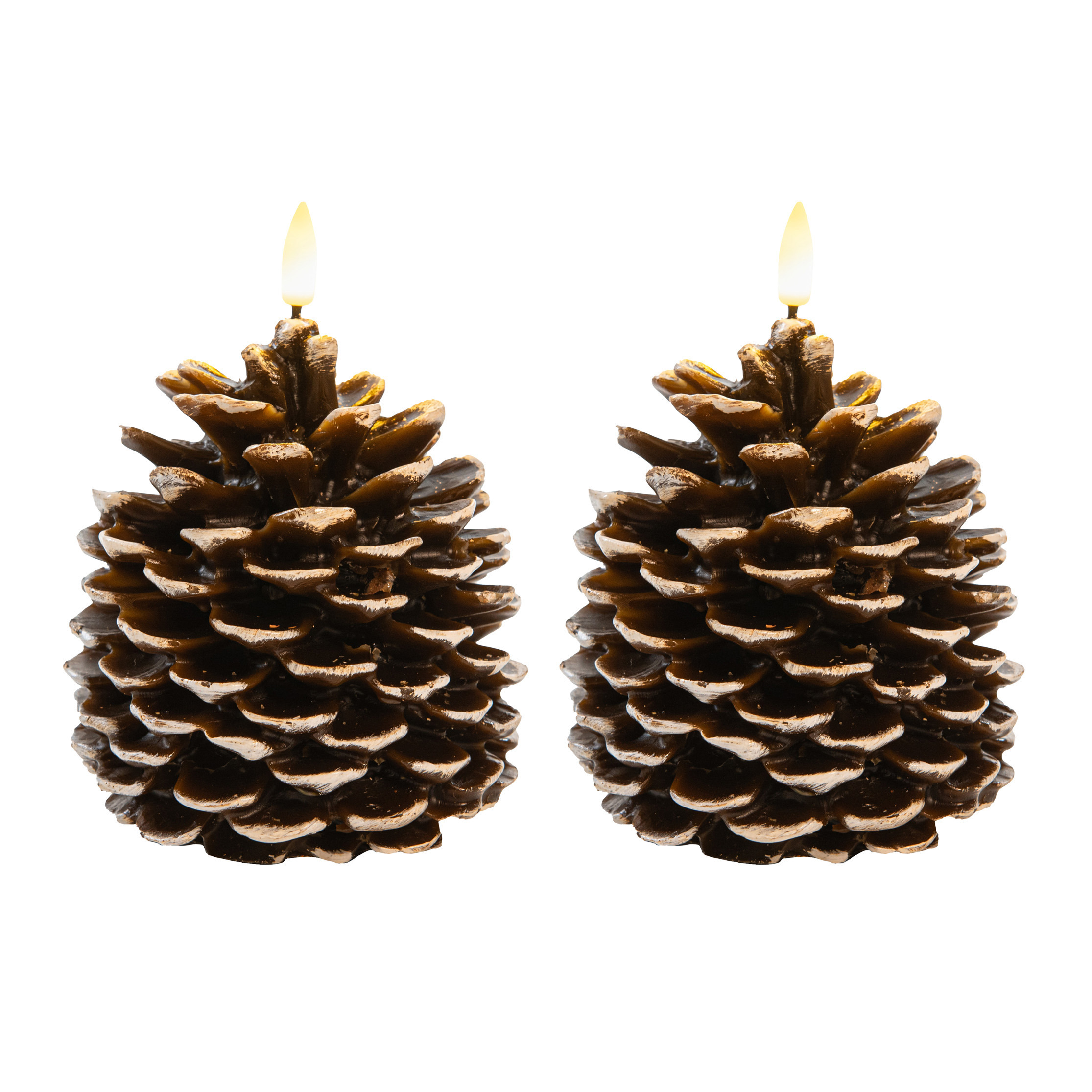 Anna's Collection LED dennenappel kaars - 2x - bruin - 12.5 x 10.5 cm - met timer -