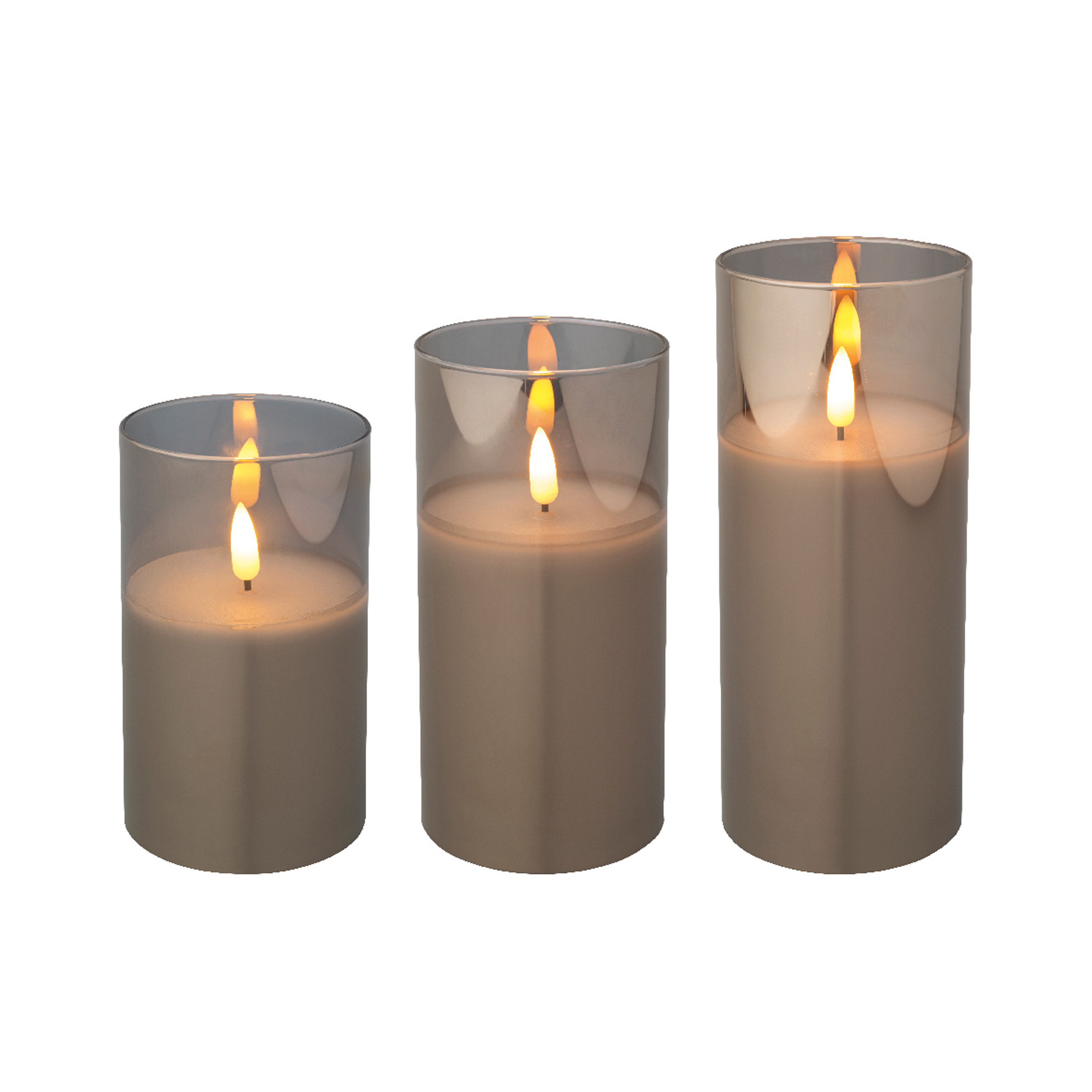 Lumineo luxe LED kaarsen - in glas - 3x stuks - grijs - stompkaarsen - timer -
