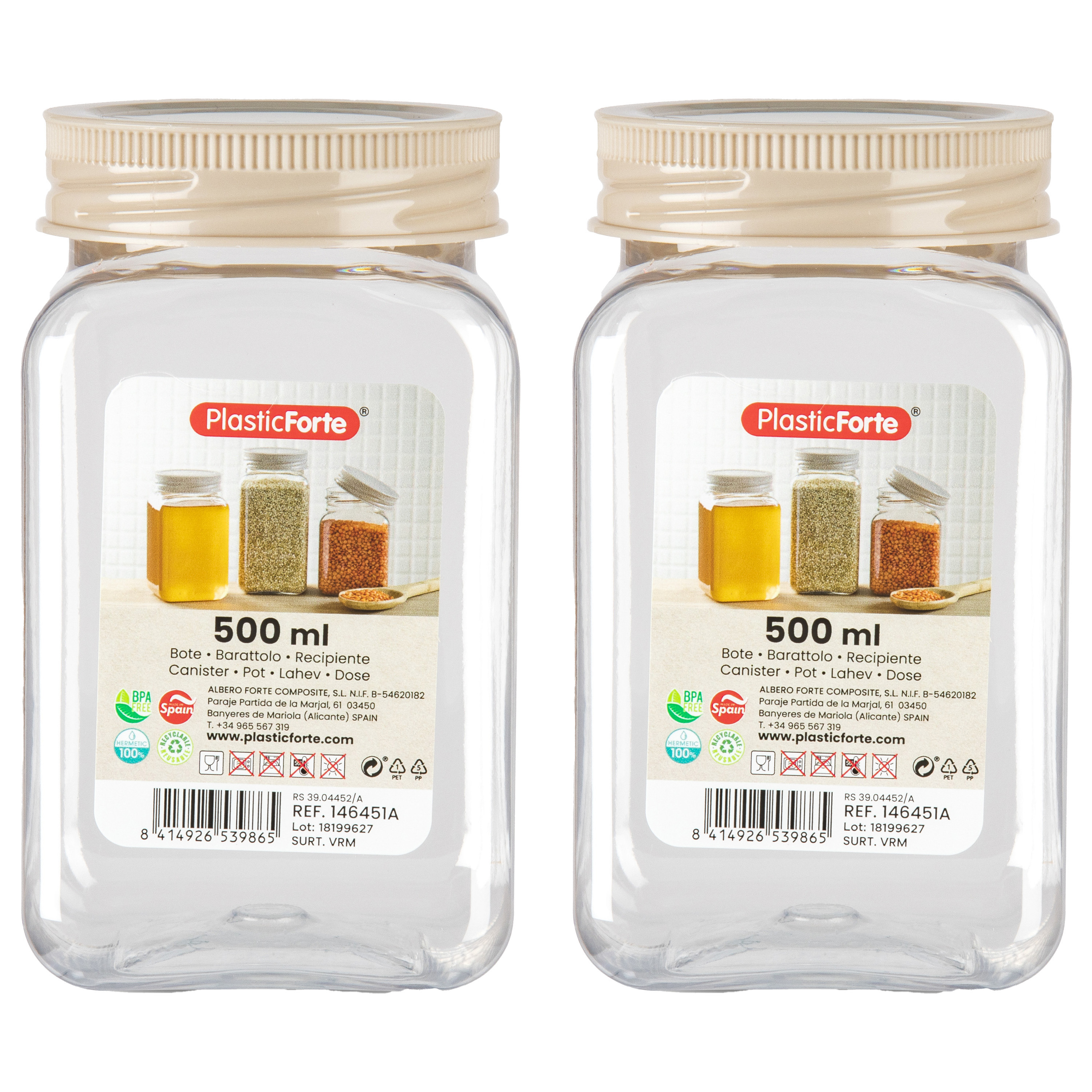 PlasticForte Voorraadpot/bewaarpot - 2x - 500 ml - kunststof - beige - B7 x H13 cm -