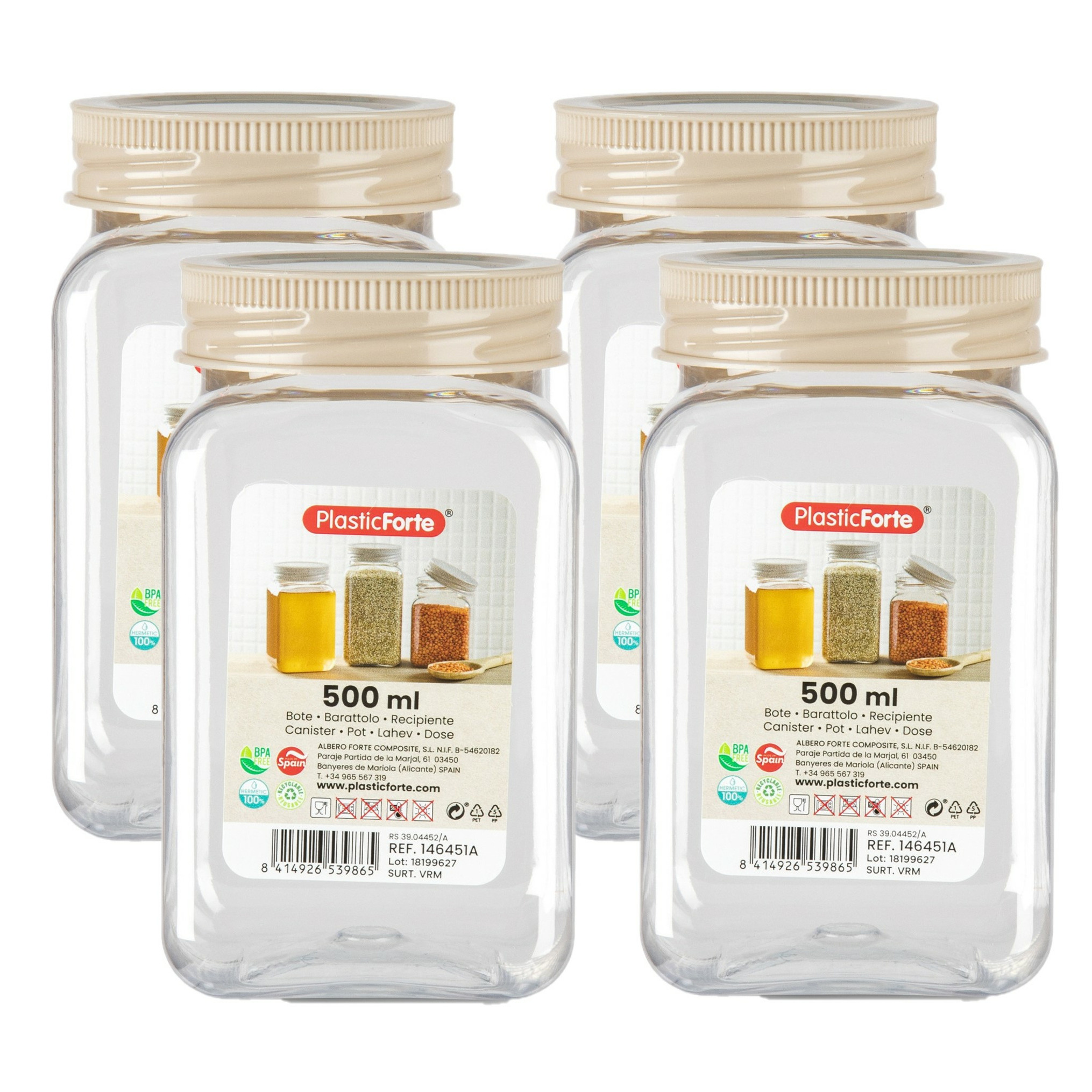 PlasticForte Voorraadpot/bewaarpot - 4x - 500 ml - kunststof - beige - B7 x H13 cm -