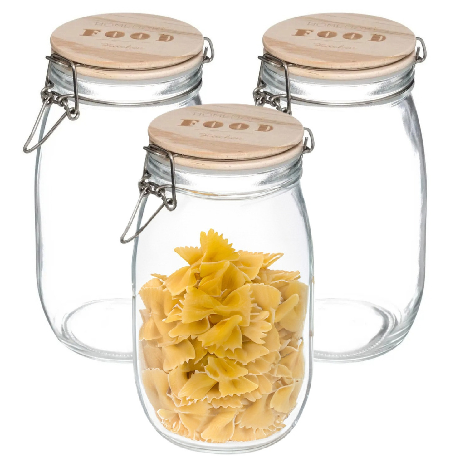 5five Kitchen Weckpot / voorraadpot - 3x - 1,5 Liter - glas - houten deksel - beugelsluiting - luchtdicht -