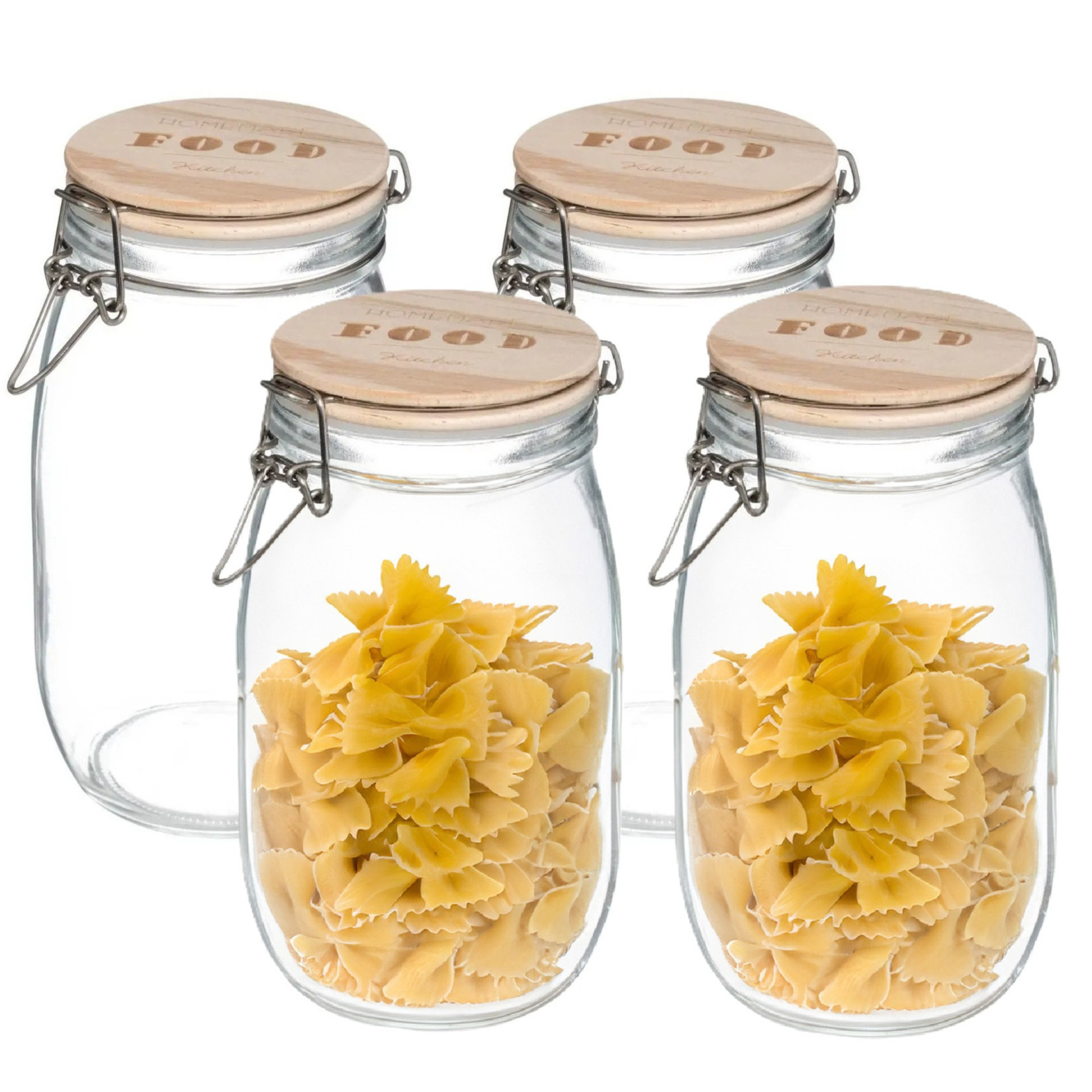 5five Kitchen Weckpot / voorraadpot - 4x - 1,5 Liter - glas - houten deksel - beugelsluiting - luchtdicht -
