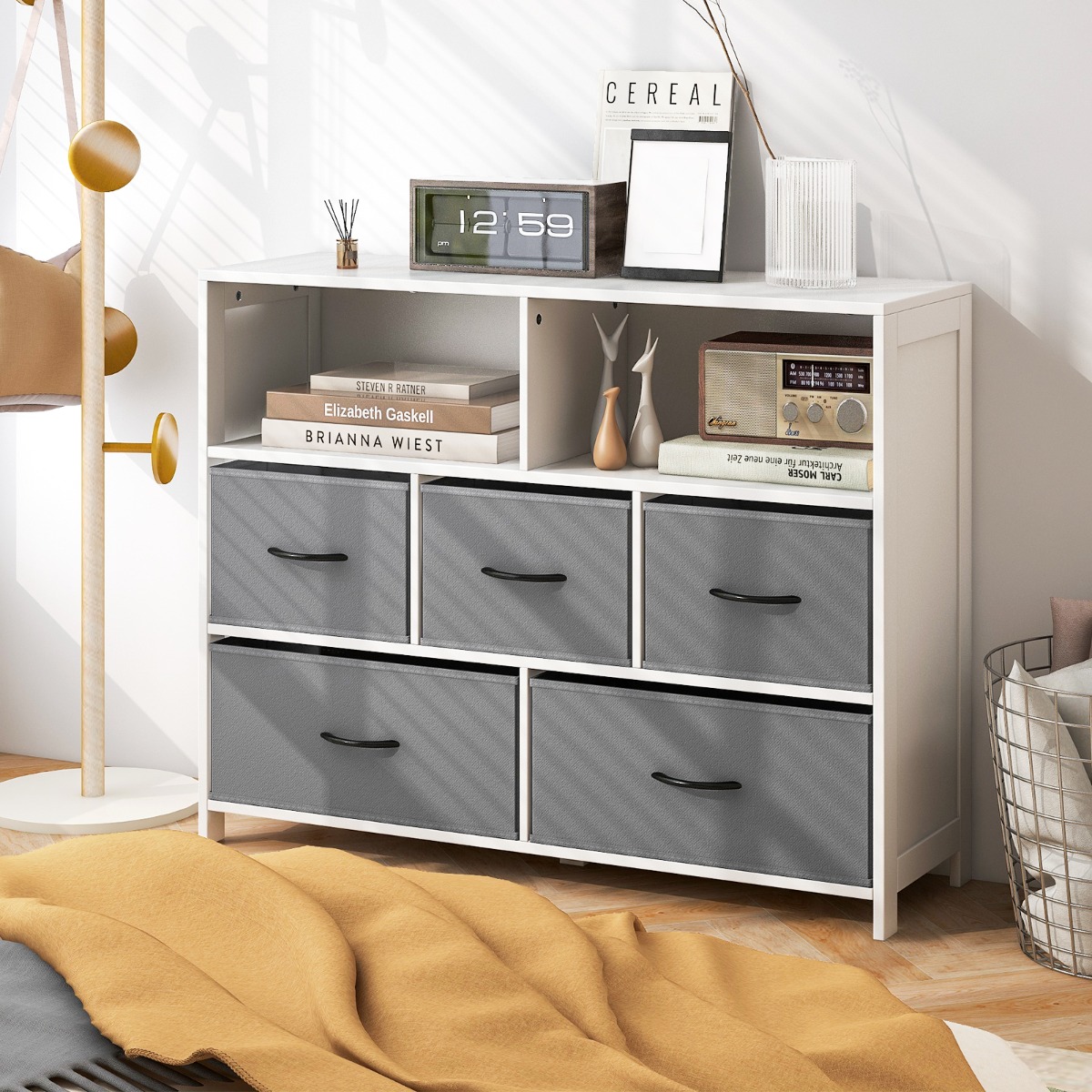 Costway Commode met 5 Laden Chiffonier met 2 Grote Vakken Opvouwbare Stoffen Laden Witte Commode voor Slaapkamer Woonkamer 100 x 30 x 78 cm